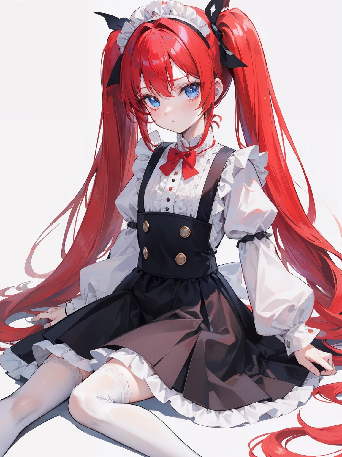 red hair,blue eyes,twintails,maid, long hair, long sleeves, gothic, solo, loli,Short skirt, white stockings,{{best quality}}, {{masterpiece}}, {{ultra-detailed}}, {illustration}, {detailed light}, {an extremely delicate and beautiful},little girl,cute,