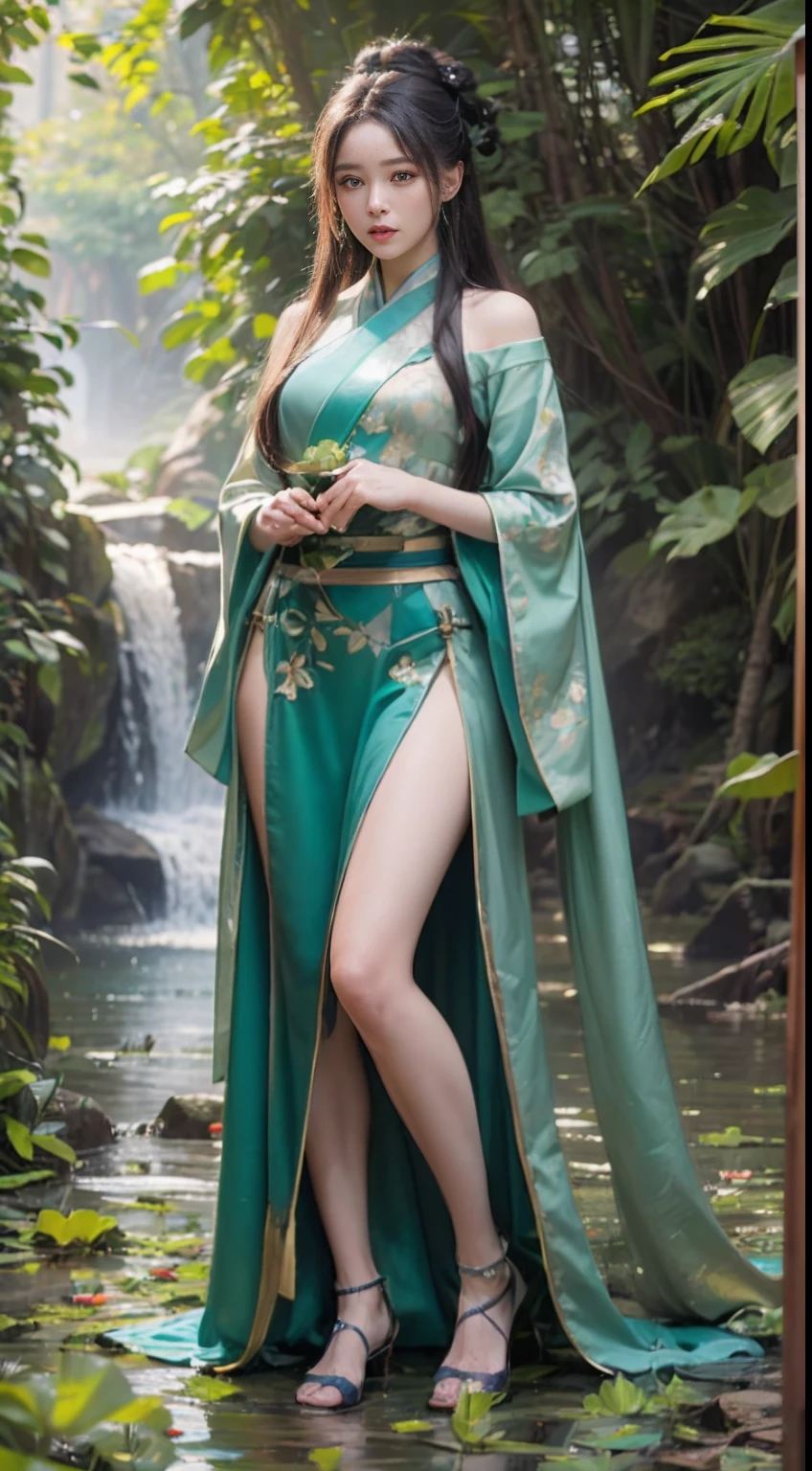 Asian woman in moss green haute couture dress poses for photo shoot, Pose in a moss green haute couture dress, Silk Dresses,silk,Embroidery of large roses,Colossal tits,爆乳,Colossal tits,Engaging pose, Hot with shining sun, Sexy Girl, Korean Girl, beautiful Korean women, Gorgeous young Korean woman, Realistic Young Gravure Idol,
