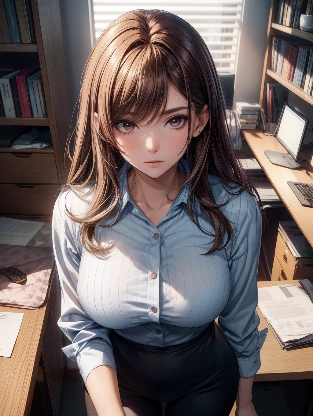 big natural , tits, nipple , Highly detailed CG unity 8k wallpaper, with the highest quality, Super detailed, master piece, Realistic, Photos realistic, extremely detailed cute girl, 25 years old, (Sleeveless sweater) , (Blush) , Round eyes, Medium breasts, looking viewer, Cowboy shot , cleavage , Mini skirt, Office ,