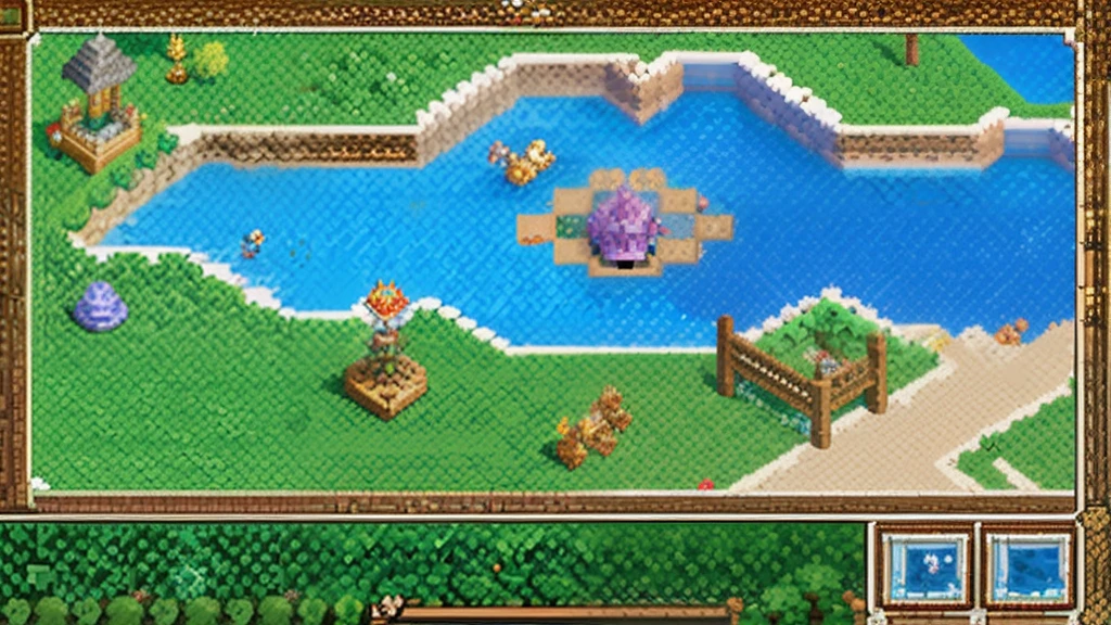 鸟山明风格,Flat pixel games《dragon quest》,Game scene design,(a paradise:1.4),16-bit pixels