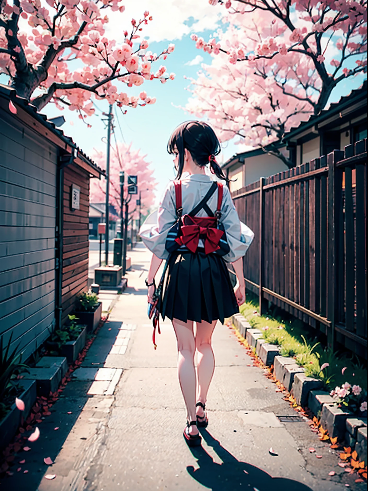1 girl, little,child,, walking, turn around to viewer, japanese clothes, skirt, katana, cherry blossoms, best quality,