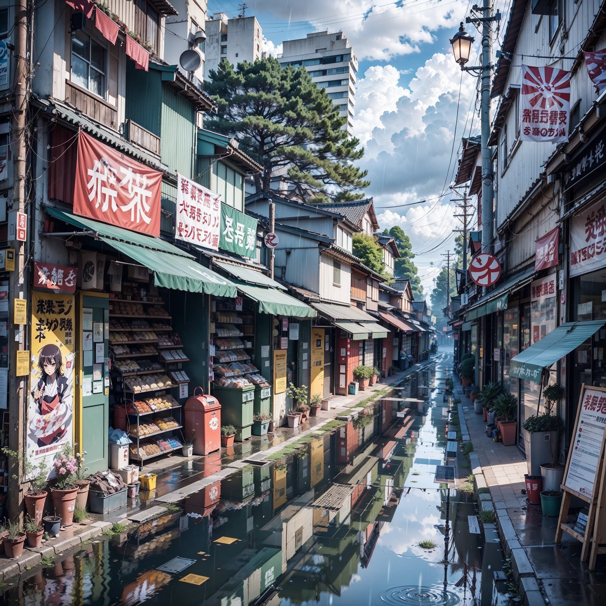 Anime background, empty, modern Japanese city street next to a river. anime, anime style. trash cans, plant pots, drains, air vents, air ventilation systems, gutters, pipes, wires, big Japanese shop signs, retro Japanese shop banners. (no one :1), no one in sight. gloomy weather, rain, heavy rainfall, heavy rain, puddles. best quality. no faces