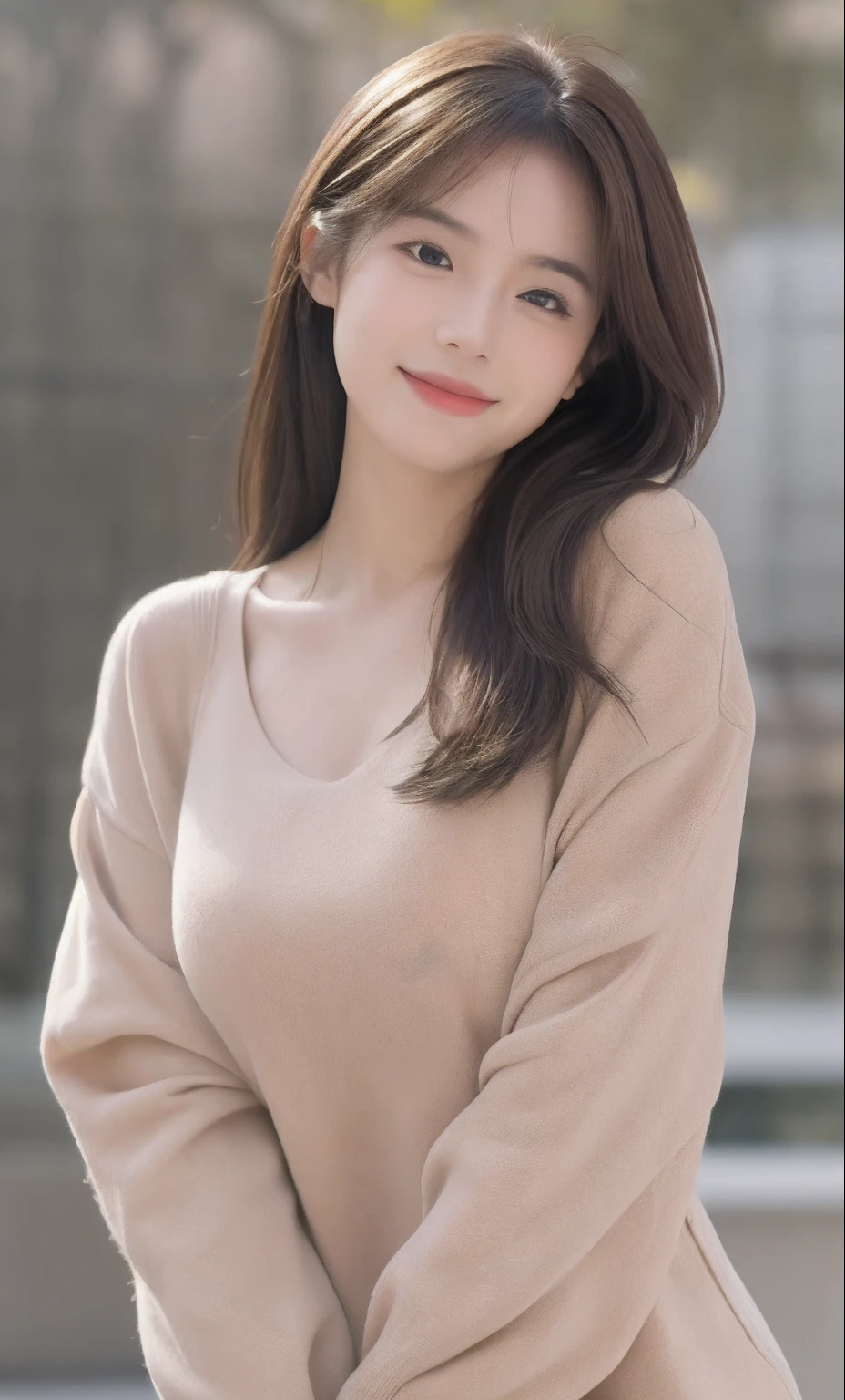 Female Solo、Image of one woman、((top-quality、8K、masterpiece:1.3))、foco nítido:1.2、Beautiful Women in Perfect Style:1.4、Slender Abs:1.2、((dark brown hair、Colossal tits:1.2))、(natural soft light、Gymnasium:1.1)、Highly detailed facial and skin texture、A detailed eye、二重まぶた、tennis player、A smile、