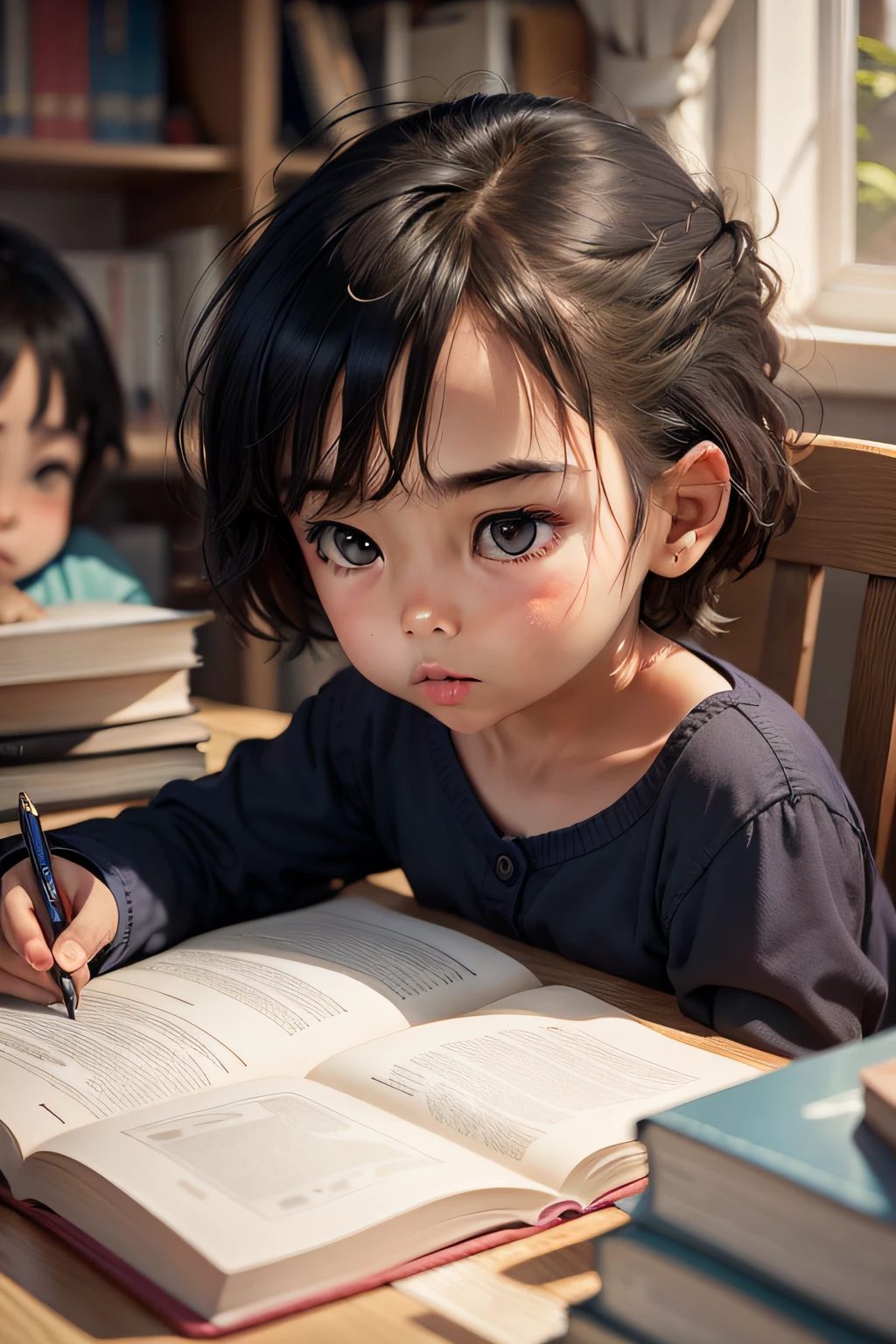 There is a young girl sitting at a table with a book and a cell phone ...