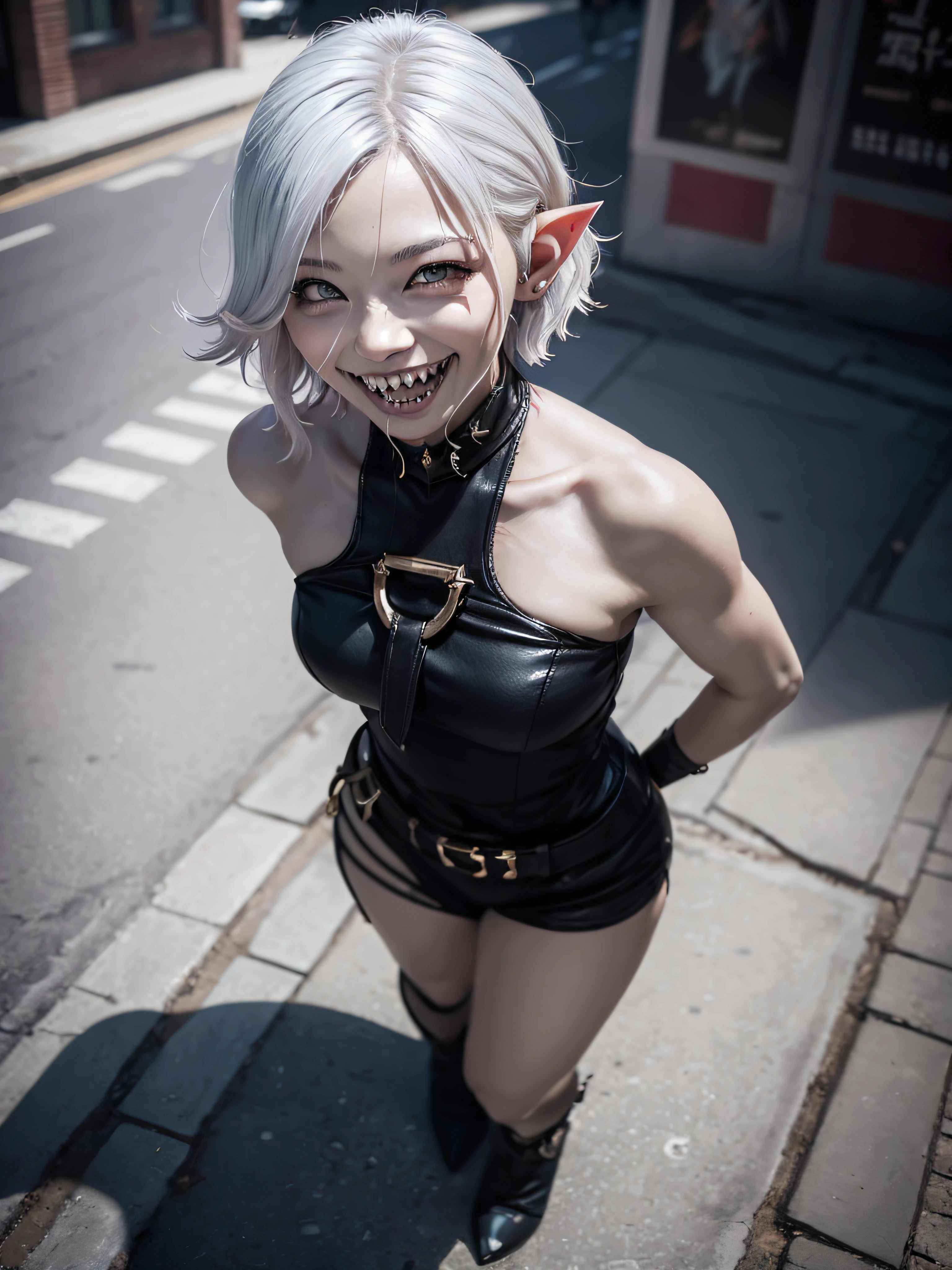 (masterpiece, best quality, ultra-detailed), 1girl, BriarLoL, grey skin, white hair, short hair, (pointy ears, sharp teeth), looking at viewer, walking, smile, in the city, aerial shot