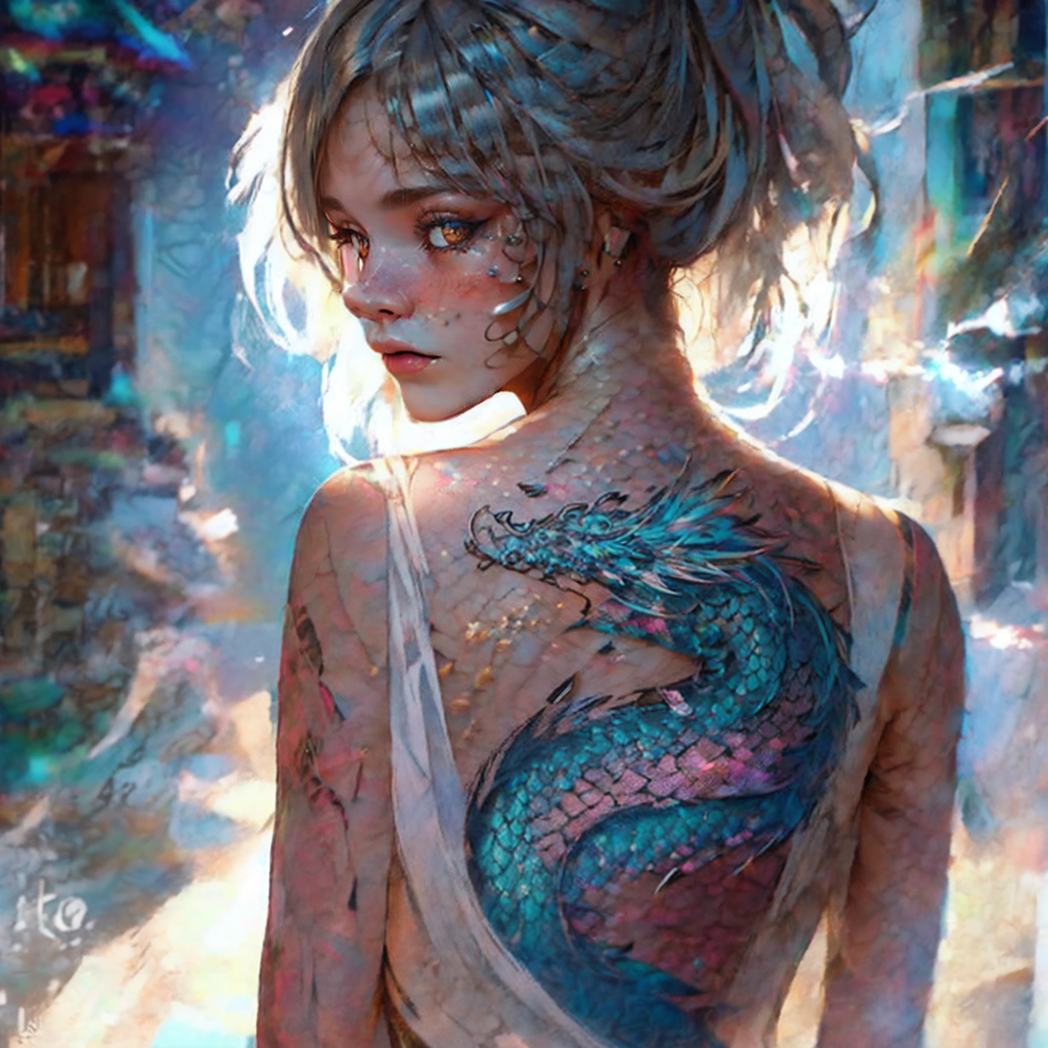 Top quality, ultra high resolution, thin pencil line art, (photorealistic: 1.4), very soft, very pastel, detailed portrait girl, tattoo of a dragon on the back