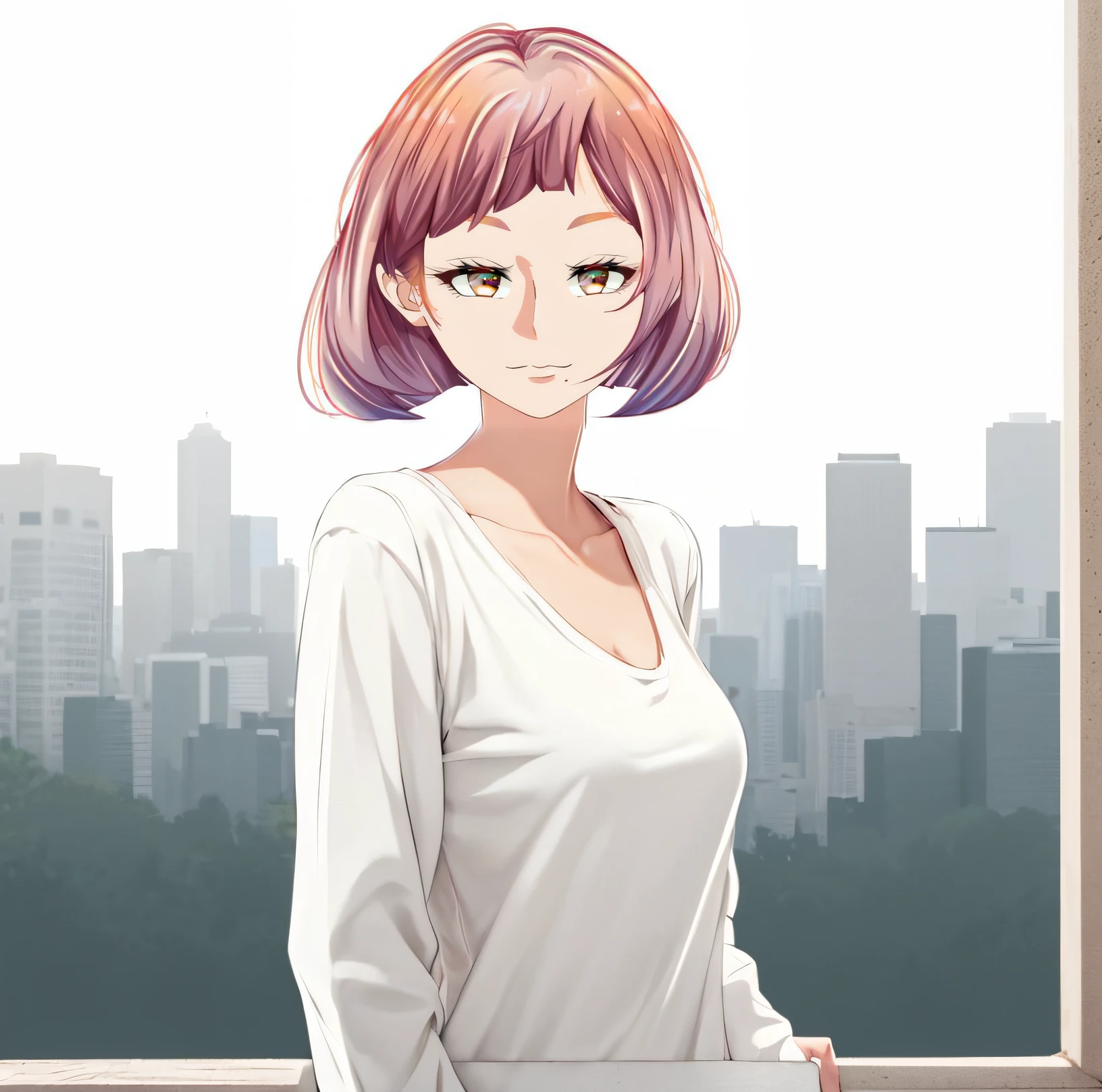 (((masterpiece))), (((best quality))), ((ultra-detailed)), (highly detailed CG illustration), ((an extremely delicate and beautiful)),((Soft off-white t-shirt:1.5)), ((plain t-shirt:1.5)),((long sleeves:1.5)),(Casual T-shirt),((From side:1.5)), (The side of one arm is visible),(very loose T-shirt:1.2), (plain t-shirt), upper body,portrait of an anime girl, t-shirt,1girl, solo,(bronze eyes:1.5), (short hair),(Rose and light orange, purple hair), looking at viewer,smiling,bad-girl,mature female, anime girl with short hair, ((medium breasts:1.3)), cute natural anime face, detailed anime soft face, cute anime face, flat anime style shading, face anime portrait, made with anime painter studio, semirealistic anime style, perfect anime face, extremely cute anime girl face, high detailed face anime, pretty anime face, semi realistic anime, detailed anime face