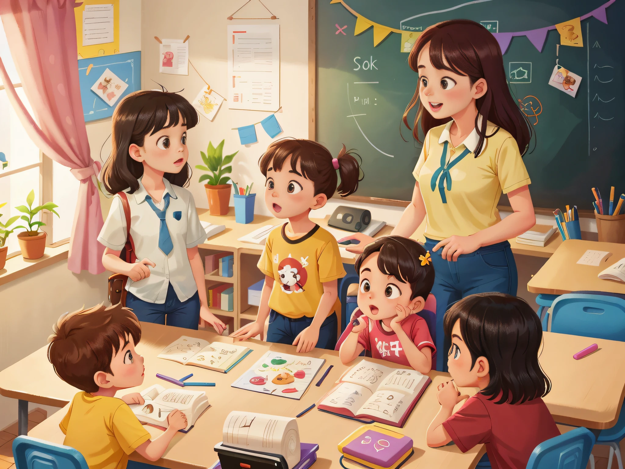 kids, sentados, mirando al tablero, while the teacher teaches them art, un aula, pobre, en colombia, con personas de escasos recursos, pero todos sonriendo y mostrando alegria, extremidades detalladas y perfectas sonriendo, felices -