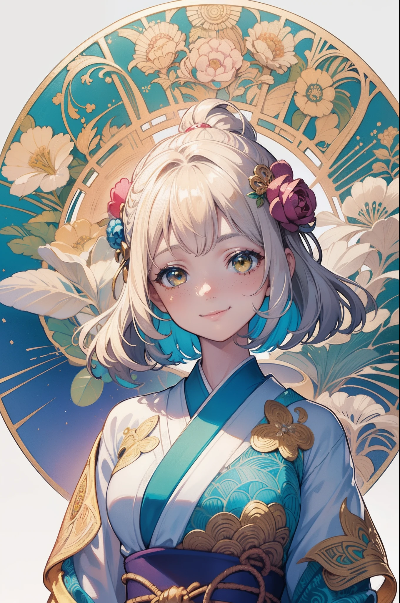 (Masterpiece), (best quality), illustration of young girl with freckles、blushed, anime、 1. **fashion**: wearing Japanese Yukata or Kimono attire, 2. **hairstyle on**: tie her hair up, hair color is platina blond, transparent and shining hair, 3. **Features**: (big yellow crystal eyes), girl features with soft features、Beautiful、warm atmosphere, intelligent Beatty, Beautiful, smiling, happy, thinking about her boyfriend, looking to the viewers, 4. **accessorized**:Accessories play important role to express her feeling, By drawing accessories with attention to detail、You can give your character personality. 5. **background**: (white background:1.4), (shining brightly), ((dazzling)), ((3D)), ((paper art:1.3)), (((colorful tone))), (Art Nouveau illustration:1.3，zentangle art:1.3, paper art:1.4), (Reasonable design, Clear lines, High Sharpness, Best Quality, Very detailed, masterpiece, Movie Light Effects, 8K), (3D), Colorful, Happy,