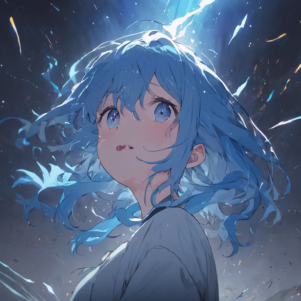 Stability、High quality、girl with、Blue-haired、white t-shirts、thunderbolt、Giant thunder
