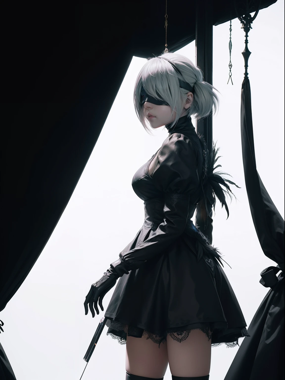 ((Yorha 2b)), (1girl), standing, with Blindfold, big clothes, no eyes, medium portrait, white background,  masterpiece, hd, clear, full colour.