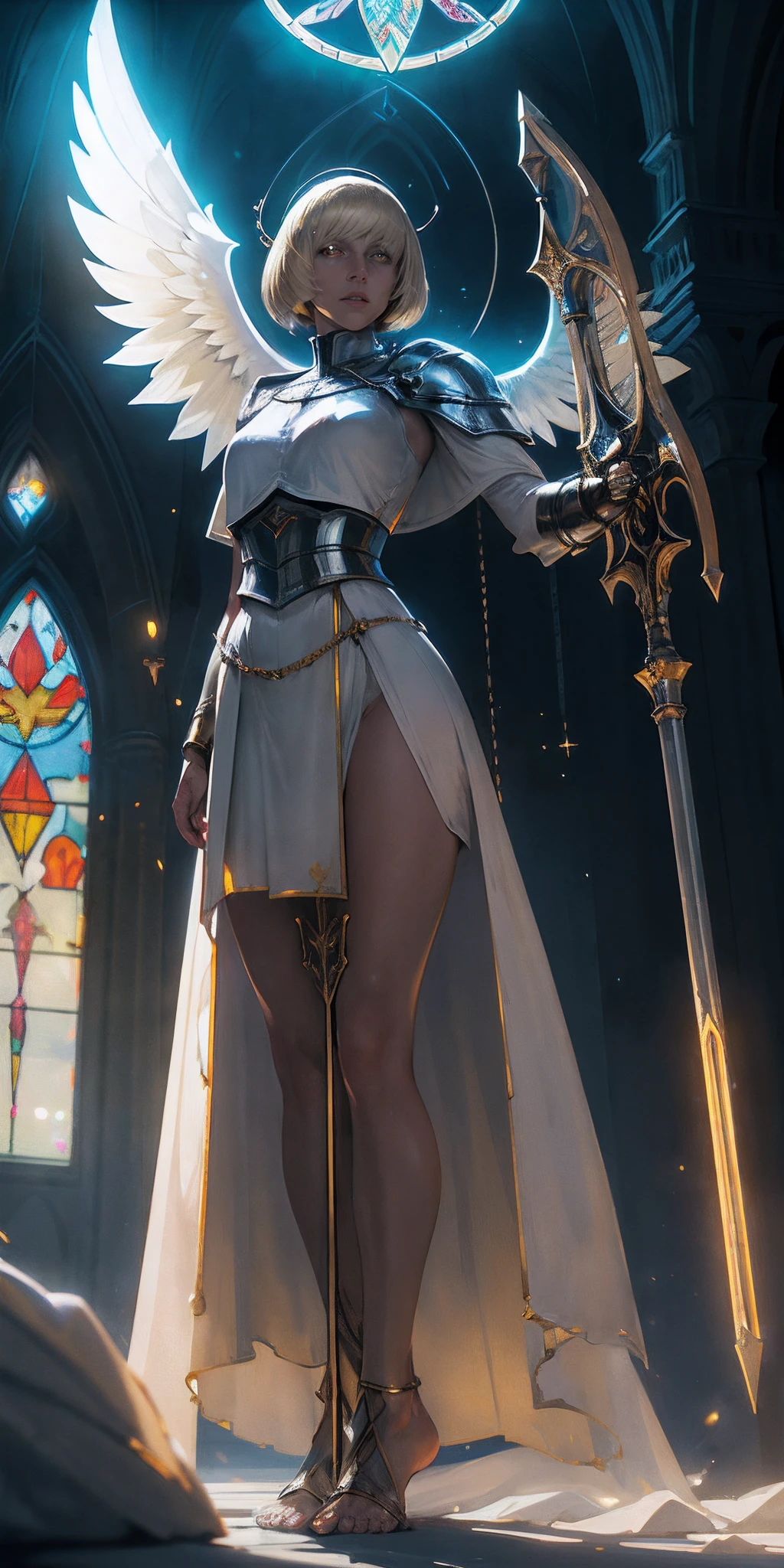Low angle, From Bottom, Paladin Templar Joan of Arc in a white cloak, legwear, glowing yellow eyes, Clear facial features, collar, Golden chain mail, wide bare thighs, bare footed, angel wings, pauldrons, Halo, bob cut, blonde, eyes focus, red cape, Covered Temple, Decorations, stained glass windows, night time, Particles, chromatic aberration, Detailed, Cinematic, dark scene, Fantasy, hyper realisitc,