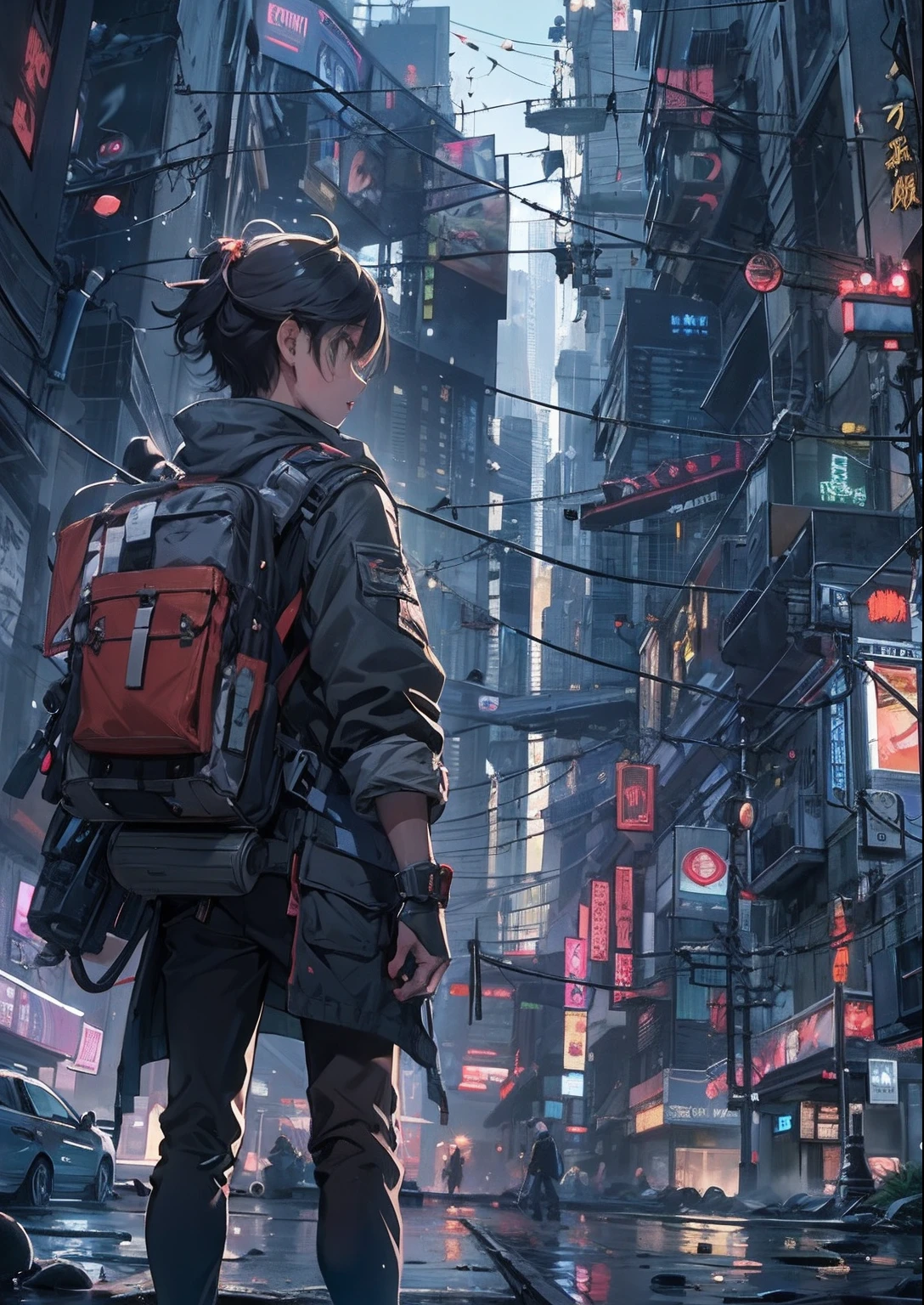 1boy,A 13-year-old boy、Cyberpunk boy、katana swords,Pointy hairstyle、vests、Bloody all over、Composite top view、back Lighting,The beginning of the adventure、Lots of clouds,Heavy fog、midnight,Darkness,The chaotic city of the future、ruined and devastated city、dystopian、A group of very complex skyscrapers stands in the center、Highly sophisticated Chinese skyscraper、Fairly dim lighting、The Dark Road、Puddles、Chaotic landscape、Beautiful and fantastic scenery、cinematic scenery、high high quality、masutepiece,8K、A high resolution、ultra - detailed,