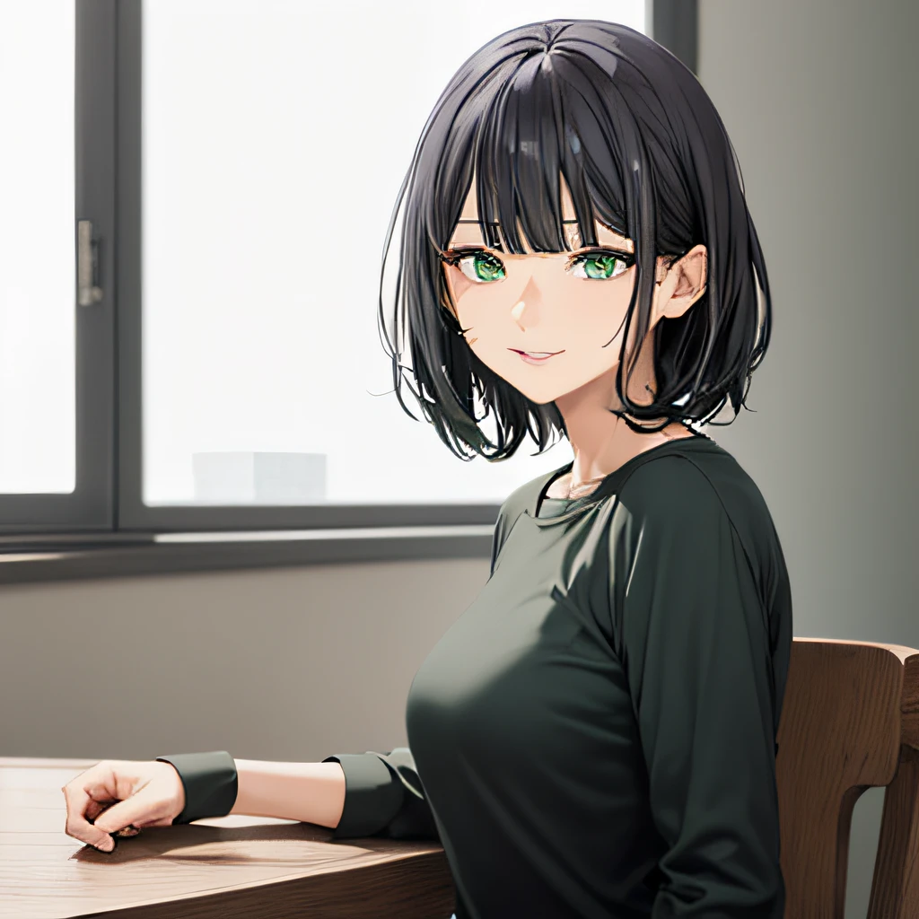 (((masterpiece))), (((best quality))), ((ultra-detailed)), (highly detailed CG illustration), ((an extremely delicate and beautiful)),((Near-black, deep muted dark green t-shirt:1.5)), ((Very dark green t-shirt:1.5)),((plain t-shirt:1.5)),(long sleeves:1.5),(Casual T-shirt),(From side:1.5), (The side of one arm is visible),(very loose T-shirt:1.2), (plain t-shirt), upper body,portrait of an anime girl, t-shirt,1girl, solo,dark gray hair, (short hair), (dark green eyes:1.3),(One elbow on the table:1.3), looking at viewer,smiling,bad-girl,mature female, anime girl with short hair, ((medium breasts:1.3)), cute natural anime face, detailed anime soft face, cute anime face, flat anime style shading, face anime portrait, made with anime painter studio, semirealistic anime style, perfect anime face, extremely cute anime girl face, high detailed face anime, pretty anime face, semi realistic anime, detailed anime face