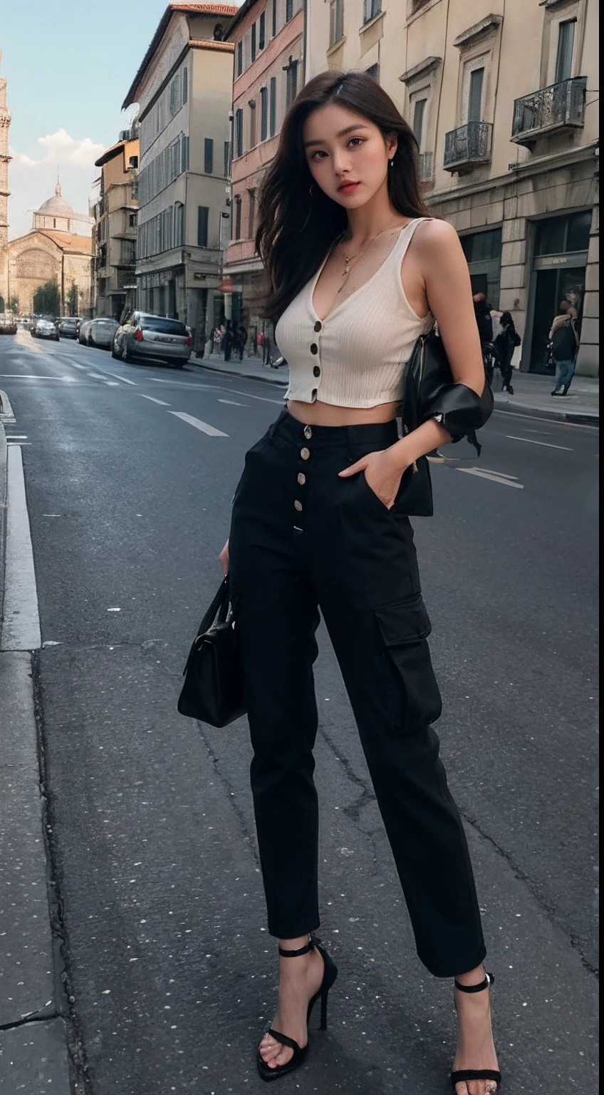 Sexy woman,Beautiful and moving big eyes,In the middle of the street,tight fit clothes,Wear long cargo pants,frontage,The trousers have three buttons on each side,high-heels,Leaning Tower of Pisa,Italy。