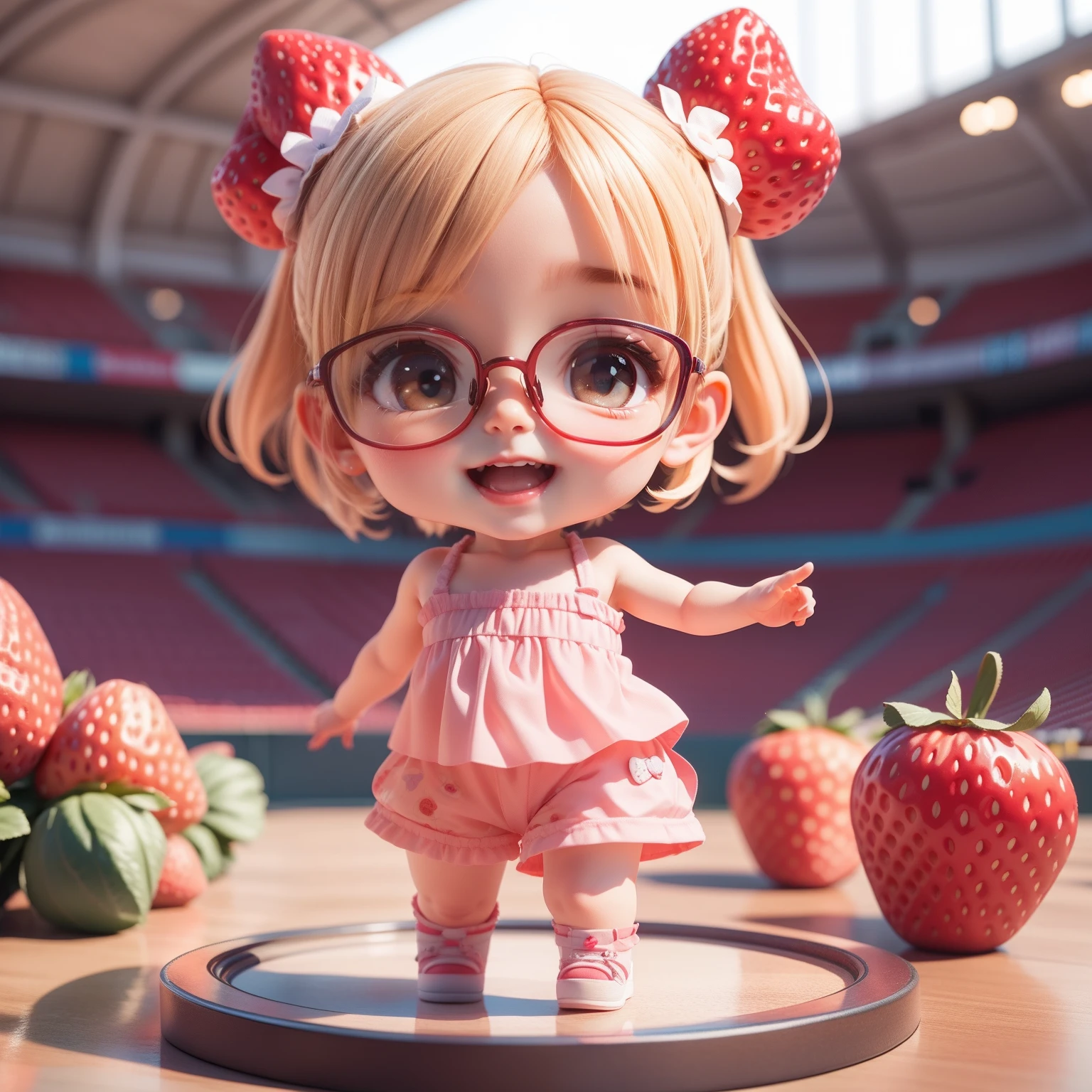 Cute Chibi Anime、(((Chibi 3D))) (Best Quality), (masutepiece)、National Stadium、Javelin Chibi、Glasses with strawberry decoration、Strawberry Tank Top、Strawberry Shorts、Open your mouth and smile、