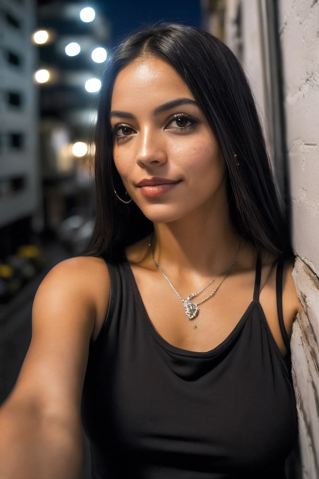 (Foto selfie, desde arriba:1.4), (postrait medio cuerpo:1.4), RAW uhd portrait photo of a 27-year-old African (Mujer africana de ojos marrones) walking down a dark alleyway, senos naturales_b, Antecedentes nocturnos de la ciudad, (purple sundress), (escote), Detallado (Texturas!, cabello!, brillar, Color!!, Imperfecciones:1.1), Ojos brillantes altamente detallados, (Looking at the camera), specular lighting, DSLR, Calidad Ultra, foco nítido, Tachuela afilada, DOF, Film grain, (centrado), Fujifilm XT3, Cristalina, Centro del marco, cara linda, foco nítido, farola, Neon lights, Bokeh, (Poca luz), discreto, Por la noche, (cielo nocturno) poros detallados de la piel, piel grasa, tan, Detalles intrincados de los ojos