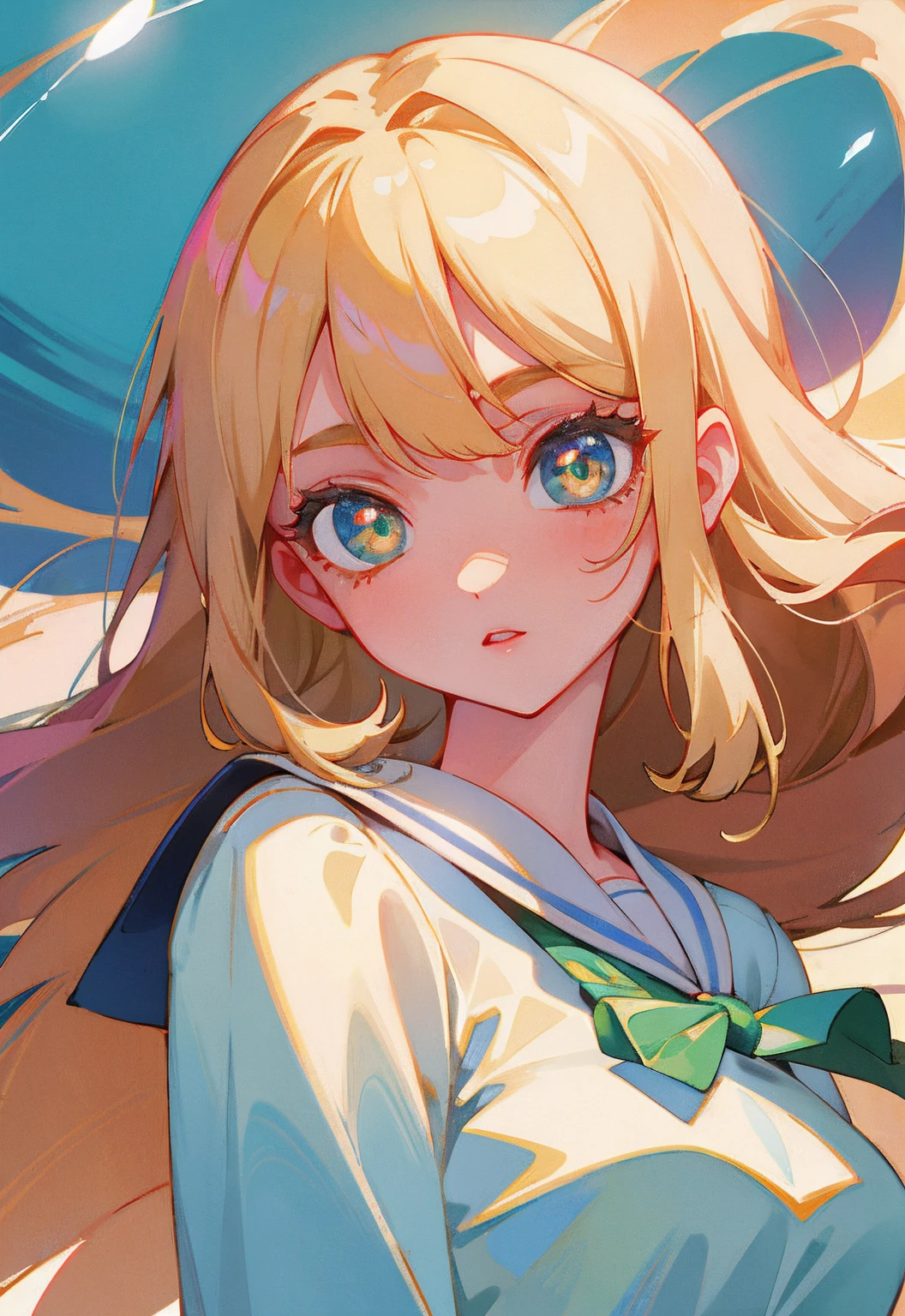 bustshot、Beautiful bangs、a sailor suit、student clothes、Beautiful girl with a bright beautiful face、Glossy white skin with shiny firmness、platinum-blonde、Super long straight hair、eye liner、Sexy and beautiful 17 years old、Big eyes of beautiful emeralds that are transparent、Beautiful and bright girl