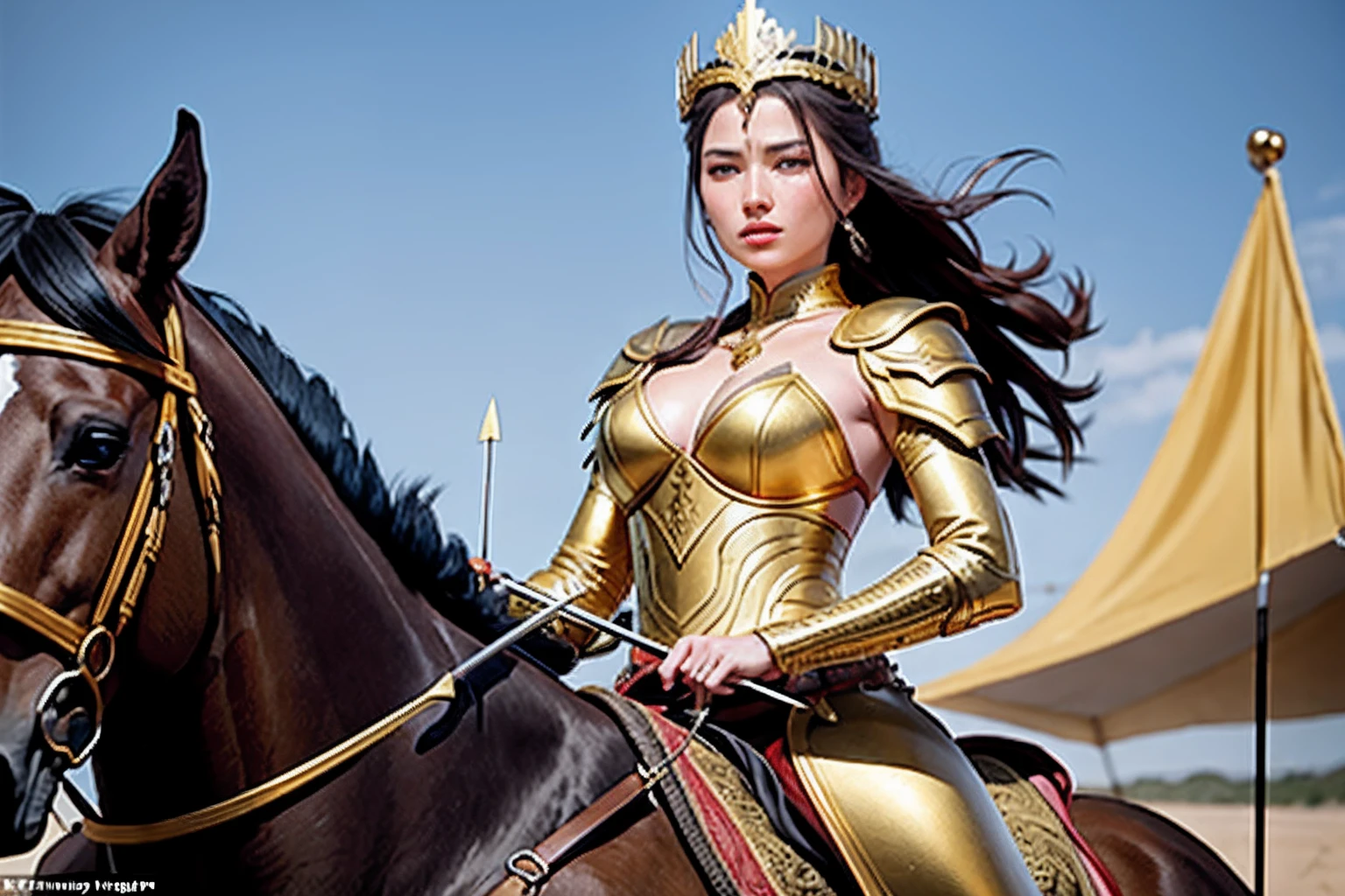 The golden-armored beauty goddess of war on horseback was shot in the chest by a large and long arrow,A pained look on her face