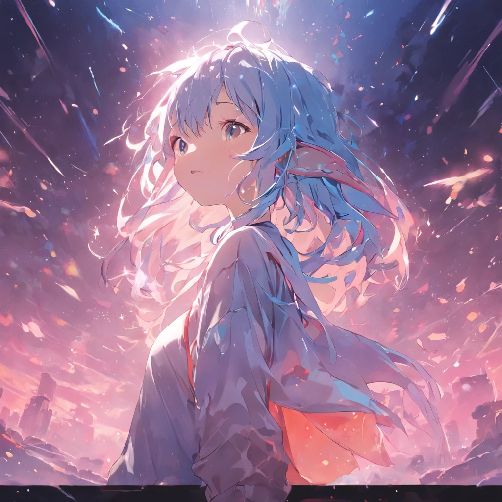Stability、simple、slick hair、High quality、girl with、Blue-haired、white t-shirts、thunderbolt