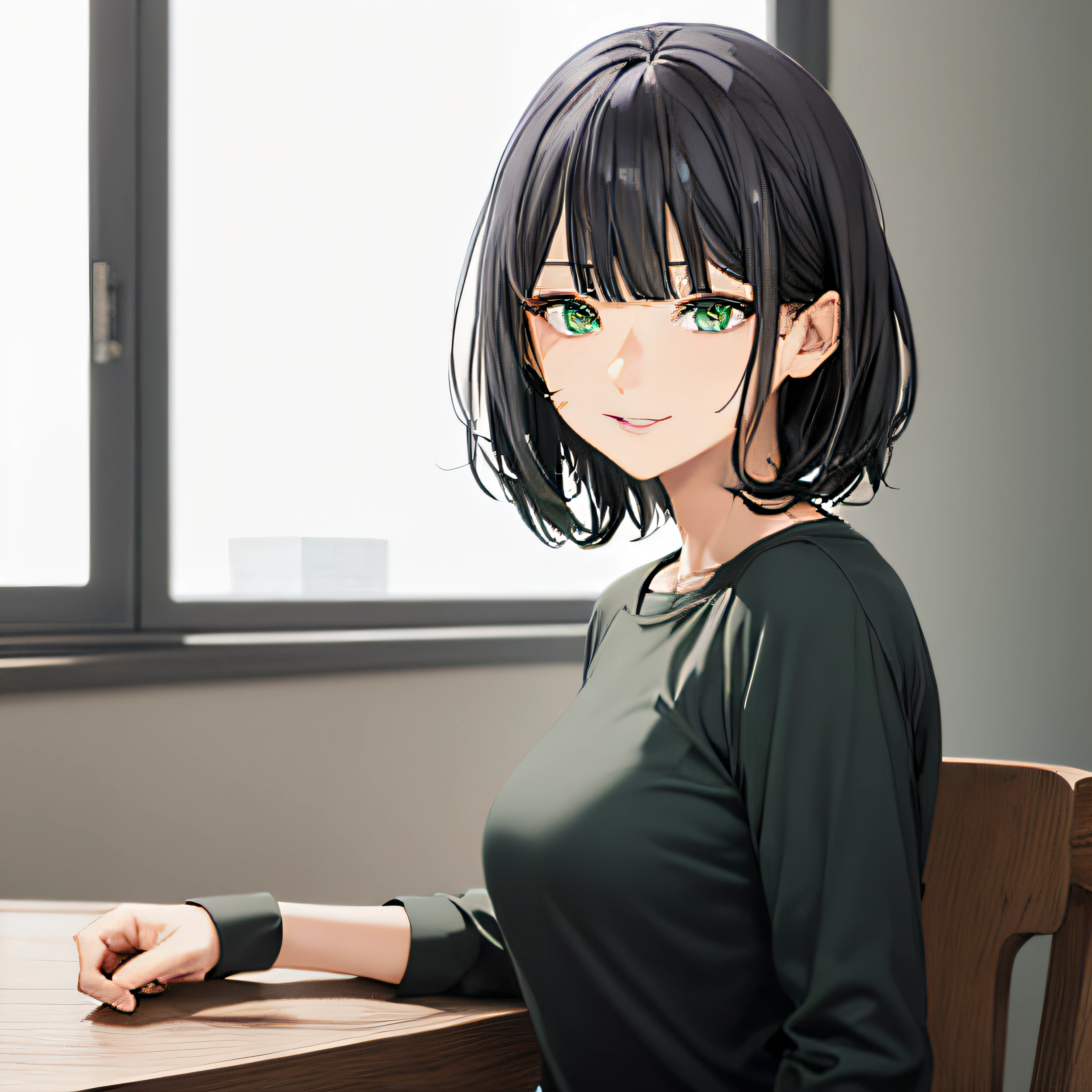 (((masterpiece))), (((best quality))), ((ultra-detailed)), (highly detailed CG illustration), ((an extremely delicate and beautiful)),((Near-black, deep muted dark green t-shirt:1.5)), ((Very dark green t-shirt:1.5)),((plain t-shirt:1.5)),(long sleeves:1.5),(Casual T-shirt),(From side:1.5), (The side of one arm is visible),(very loose T-shirt:1.2), (plain t-shirt), upper body,portrait of an anime girl, t-shirt,1girl, solo,dark gray hair, (short hair), (dark green eyes:1.3),(One elbow on the table:1.3), looking at viewer,smiling,bad-girl,mature female, anime girl with short hair, ((medium breasts:1.3)), cute natural anime face, detailed anime soft face, cute anime face, flat anime style shading, face anime portrait, made with anime painter studio, semirealistic anime style, perfect anime face, extremely cute anime girl face, high detailed face anime, pretty anime face, semi realistic anime, detailed anime face