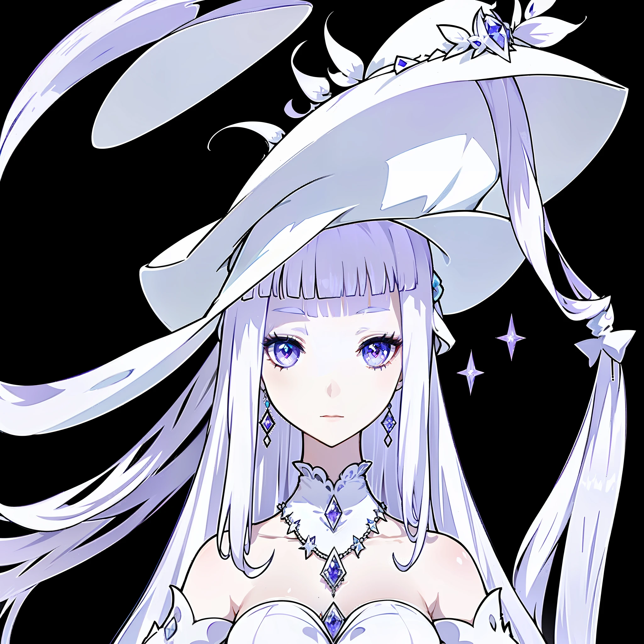 White long and straight pure white hair,white sunhat covering one eye,purple eye,white dress,diamond silver necklace with a blue crystal,female,lady,pretty,sad look on her face,fontaine,one girl,1girl,single,solo