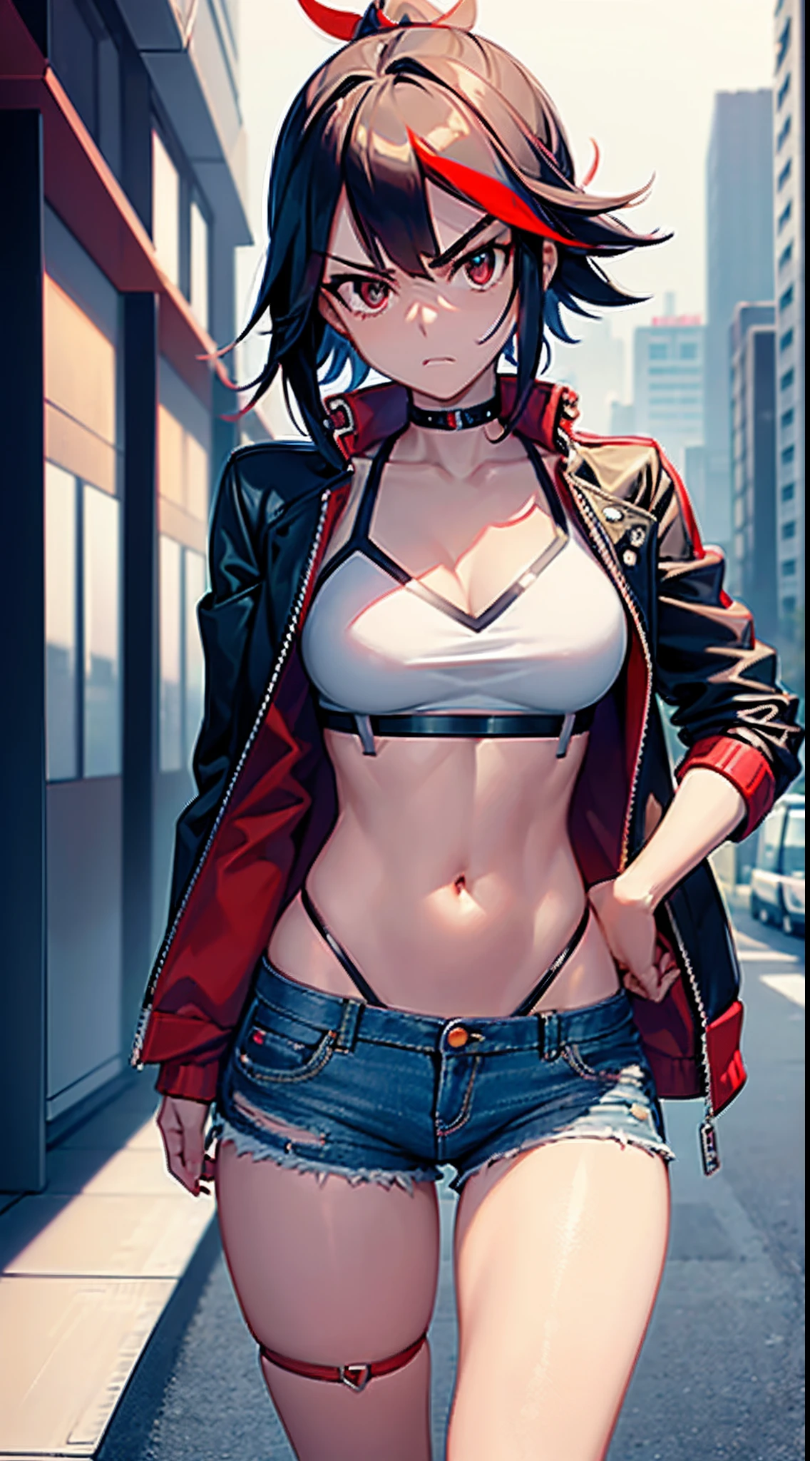 1girl, short black hair, tousled hair, messy hair, green eyes, red jacket, red and black jacket, white top, white tank top, white transparent top, sheer fabric, thin fabric, sheer top, transparent top, white transparent top, loose white top, downblouse, down blouse, no bra, pink nipples, hard nipples, erect nipples, poking nipples, belly, midriff, tomboy, boyish, masculine, androgynous, badass, sideboobs, sidebreast, sideboob, underboobs, armpit, armpits, ribcage, city, city background, black denim shorts, ripped jeans, unbuttoned shorts, unzipped pants, low-rise, looking at viewer, full body, raised arms, raised arm, tying hair, open mouth, short shorts, mound of venus, pubic mound, vagina, cameltoe, hot pants, cyberpunk, cyberpunk city, short shorts, mound of venus, pubic mound, vagina, cameltoe, unbuttoned shorts, unzipped pants, low-rise