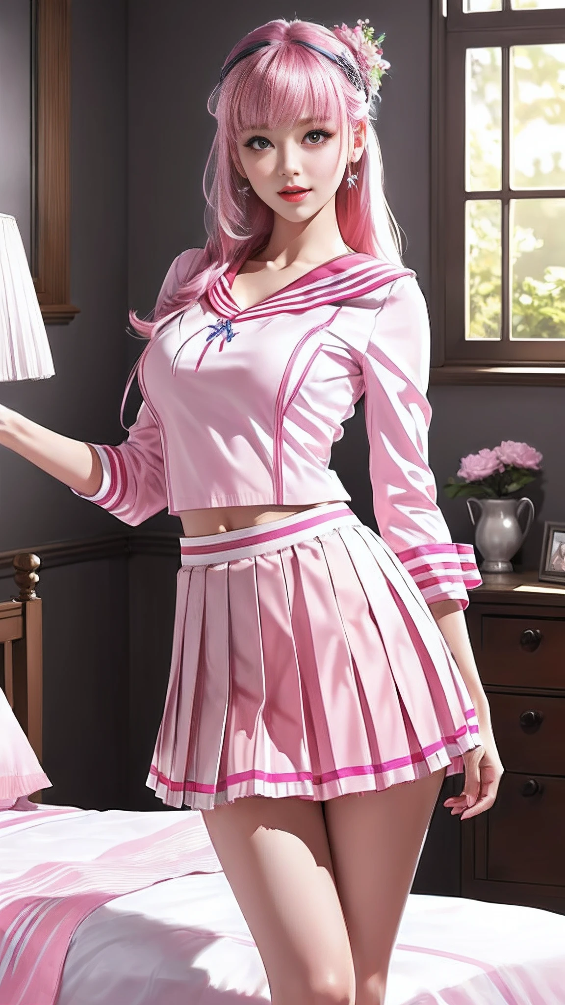 Beautiful illustration、top-quality、Cute s、Bedroom、A pink-haired、length hair、(((Pink pleated skirt)))、(((pink sailor suit)))、shortsleeves、Colossal tits、a navel、Flipping up the skirt with your hands、Show white panties、Pull up your skirt and show your panties、bare-legged、blue eyess、on the beds、lovely thighs、glowing thigh