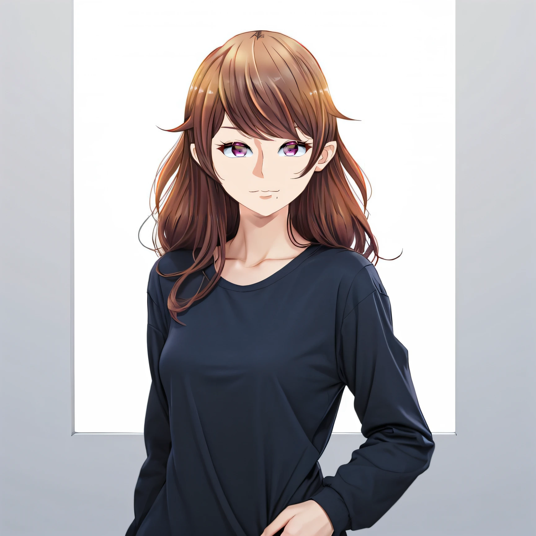 (((masterpiece))), (((best quality))), ((ultra-detailed)), (highly detailed CG illustration), ((an extremely delicate and beautiful)),((Near-black midnight blue t-shirt:1.5)), ((plain t-shirt:1.5)),((long sleeves:1.6)),(Casual T-shirt),(From slight side:1.5), (One hand on the hip:1.3), (The side of one arm is visible),(very loose T-shirt:1.2), Oversized t-shirt, (plain t-shirt), upper body,portrait of an anime girl, (t-shirt without patterns:1.5), ((t-shirt without logo:1.6)),1girl, solo,brown hair, ((Hair shoulder-length:1.3)),(Rich orchid magenta eyes:1.2), looking at viewer,smiling,bad-girl,mature female, anime girl with long hair, ((medium breasts:1.2)), Small mole on the lower left side of her mouth, cute natural anime face, detailed anime soft face, cute anime face, flat anime style shading, face anime portrait, made with anime painter studio, semirealistic anime style, perfect anime face, extremely cute anime girl face, high detailed face anime, pretty anime face, semi realistic anime, detailed anime face