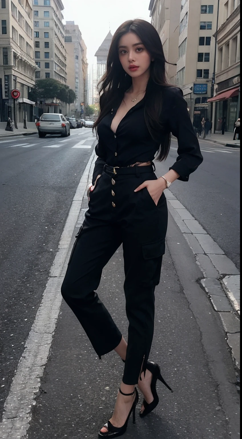 Sexy woman,Beautiful and moving big eyes,In the middle of the street,tight fit clothes,Wear long cargo pants,frontage,The trousers have three buttons on each side,high-heels,pyramid ,egyption。