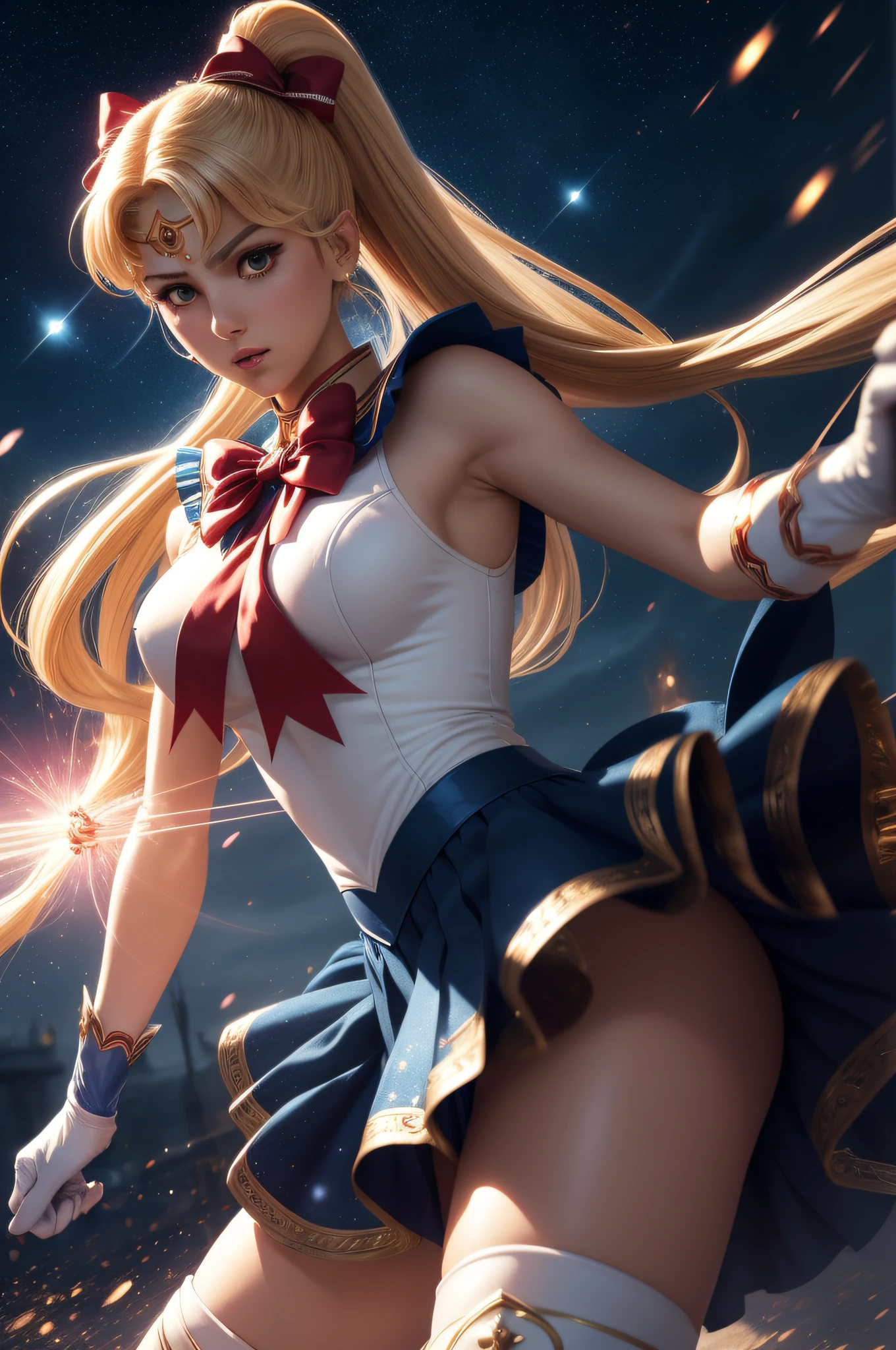 Arti modern anime. angled view, closeup action portrait beautiful mature "Sailor moon" as an mature 30 year old adult lady, fighting a shadow monster, rough battle fight scene, long blonde pigtails, magic transforming scene, holding a magical and powerful heart sceptre, leaning forward, slim body, highly ornamented and detailed "glitter crystal clothing details", ("blue skirt"), ("red chest bow"), ("white gloves"), angle, "knee high heel boots", depth of field blur effect, night, photorealistic. cinematic lighting, highly detailed. best quality, 4k, Better hand, perfect anatomy, aggressive coy flirty focused expression, flat chested, highly ornamented clothing, fight battle pose, surrounded by star dust sparkling around her, red ribbons spinning around body, bright light from forehead, stars in the background, bend knees, magic powerful light glowing from body, magical ribbons, turning, face sitting angle, stepping, in Tokyo city as a battlefield war zone