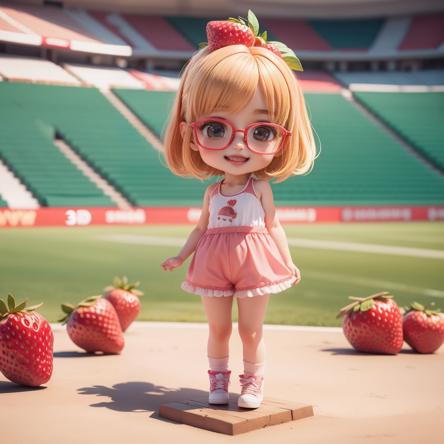 Cute  Chibi Anime、(((chibi 3d))) (Best Quality), (masutepiece)、National Stadium、Javelin Chibi、Glasses with strawberry decoration、Strawberry Tank Top、Strawberry Shorts、Open your mouth and smile、