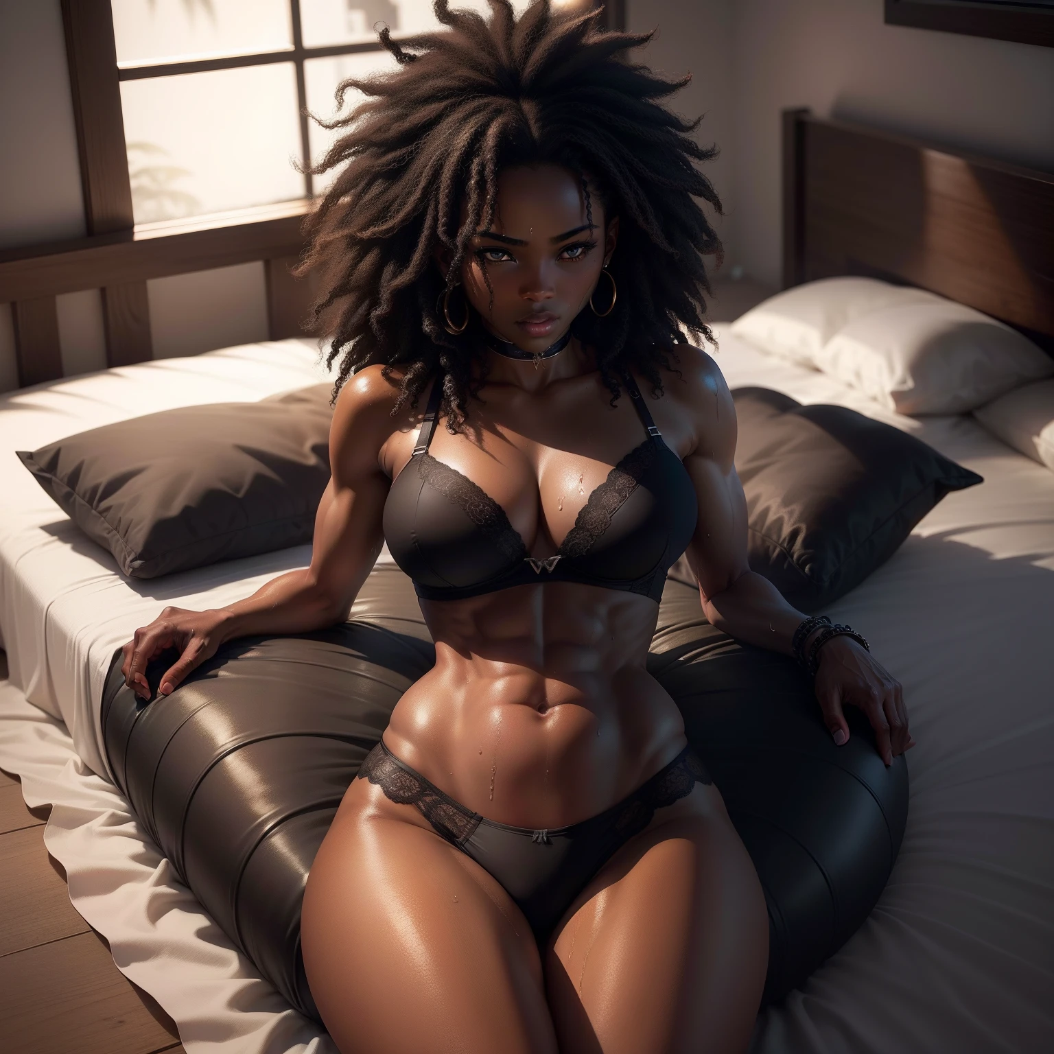 ((dark skin, Ebony)), ((cute sexy face)), ((cute pose)), ((seductive )), sexy, ((medium breast)), ((bra)), ((long strong afro hair)), ((wet skin)), ((laying down on bed)), ((sweating)), ((belly, abs, biceps, muscle legs)), sharp focus cgi, photorealistic, high detail, realistic, masterpiece, absurdres, best quality, HDR, high quality, high-definition, extremely detailed, 8k wallpaper, intricate details, 8K uhd, Full-HD, (realistic photo:1.2), contrast, harsh lighting, cinematic lighting, natural lighting, hard light, backlighting, global illumination, ambient occlusion