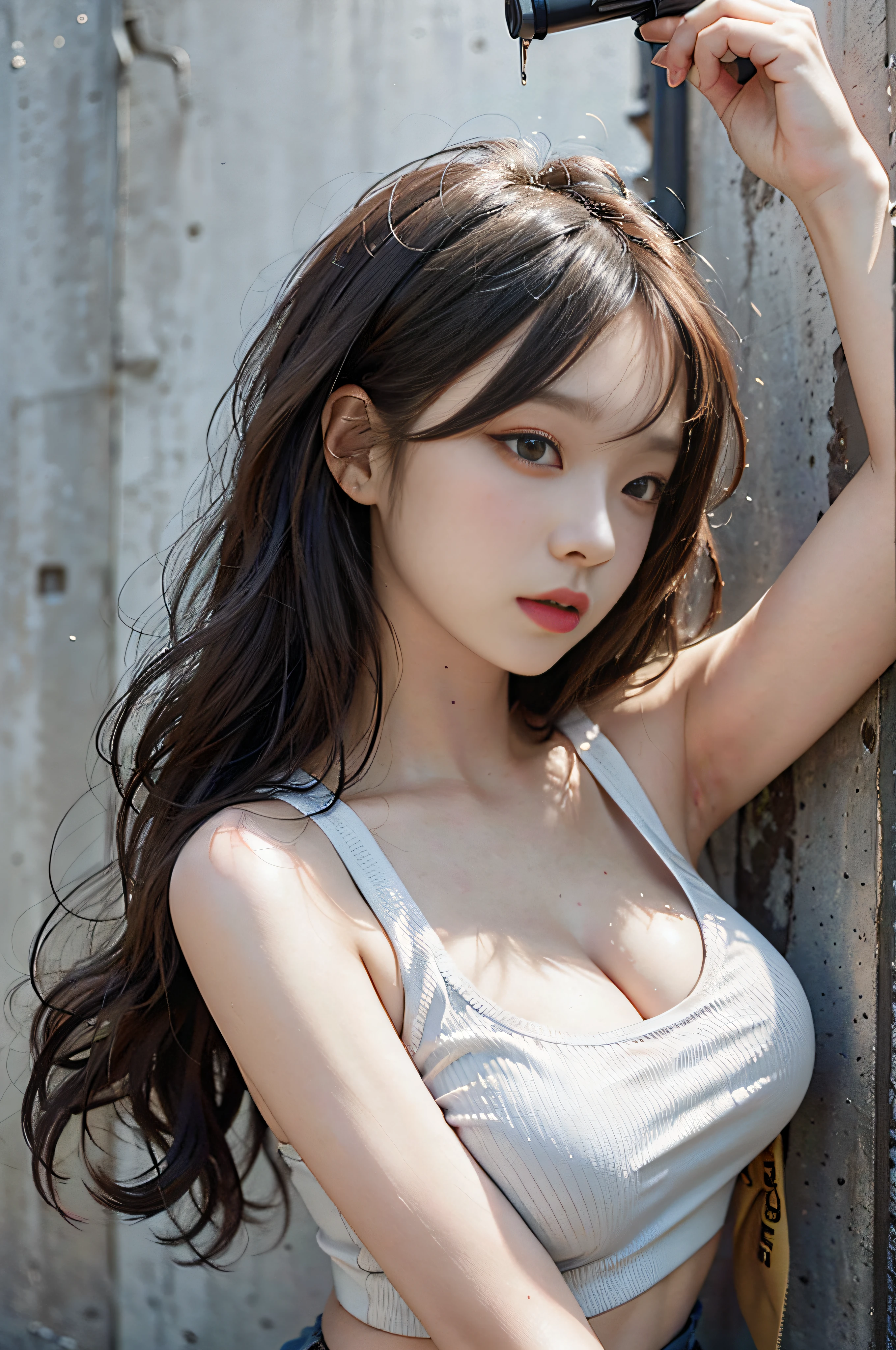 Top image quality、Raw photography、超A high resolution、Cute girl at 18 years old、Shooting for one person only、very large round breasts、cleavage of the breast、Tank Tops、skirt by the、Shiny hair、Beautiful Eyes of Details、very elongated eyes、Beautiful eyelashes、Beautiful double eyelids、Headshot only、eyeshadows、耳Nipple Ring、Wall on grey background