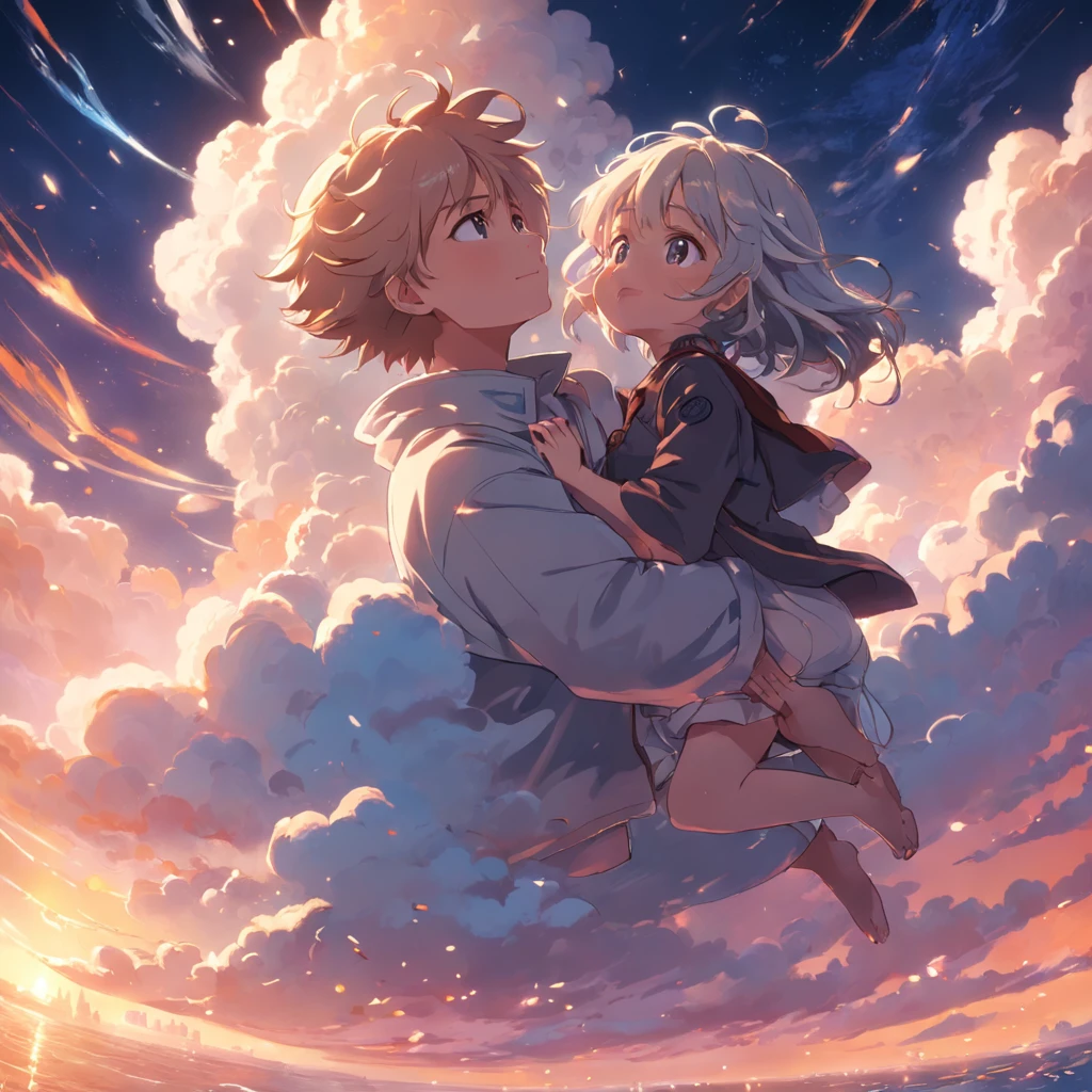 Masterpiece, Best Quality, Movie Stills, 1girl, Cloud Boy, Floating in the Sky, Close-up, Bright, Happy, Warm Soft Lights, Sunset, (Sparkle: 0.7)
