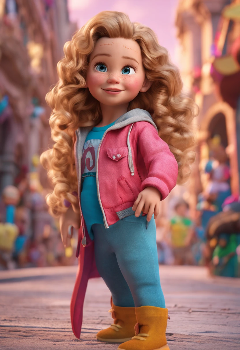Create a character set for curly blonde 4  girls,  Stunning 3D 12K resolution，Detailed full body of Disney-style character, Highly detailed, vibrant, Ultra high quality, hyper photorealism, Photorealism, rendering by octane]