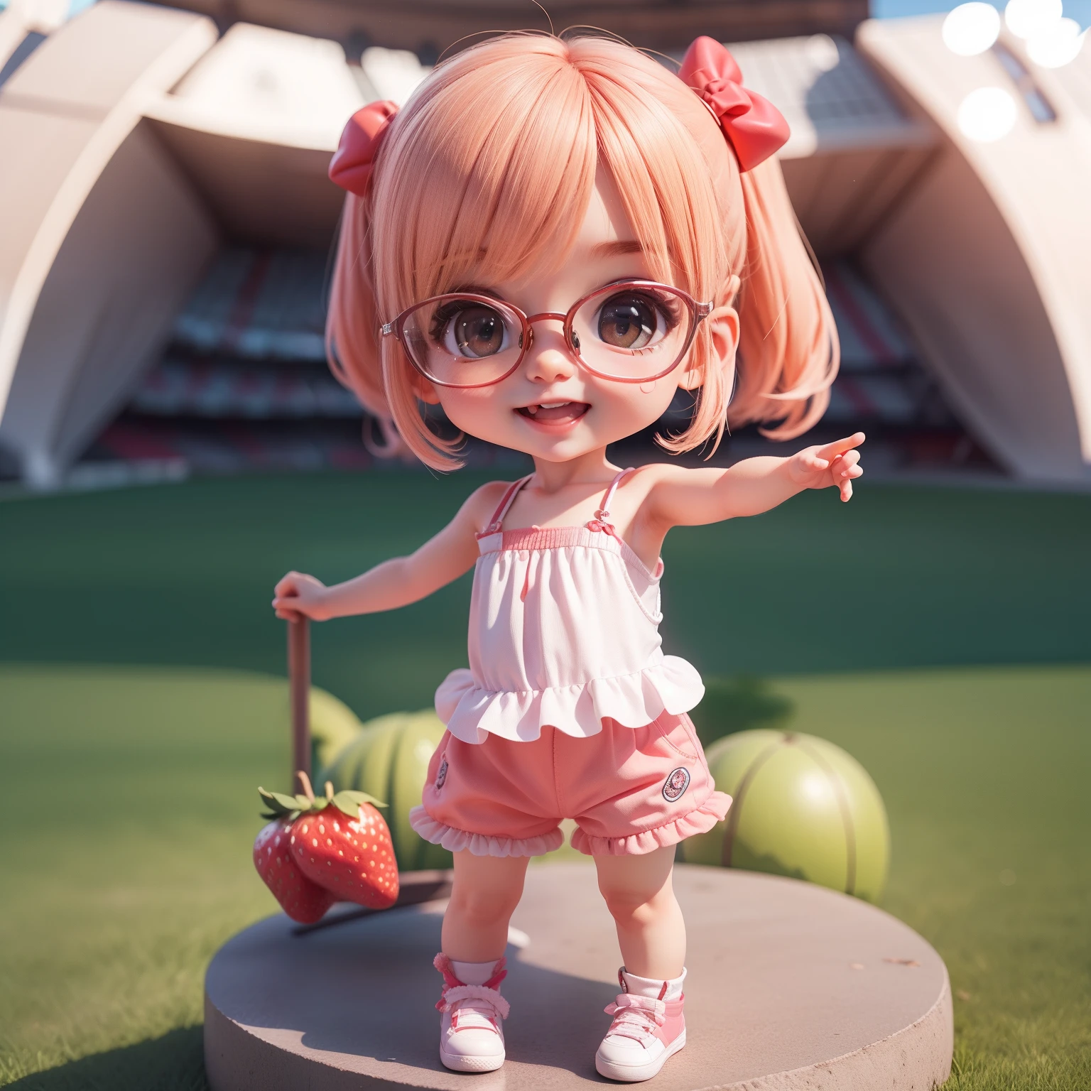Cute Baby Chibi Anime、(((Chibi 3D))) (Best Quality), (masutepiece)、National Stadium、Javelin Chibi、Glasses with strawberry decoration、Strawberry Tank Top、Strawberry Shorts、Open your mouth and smile、