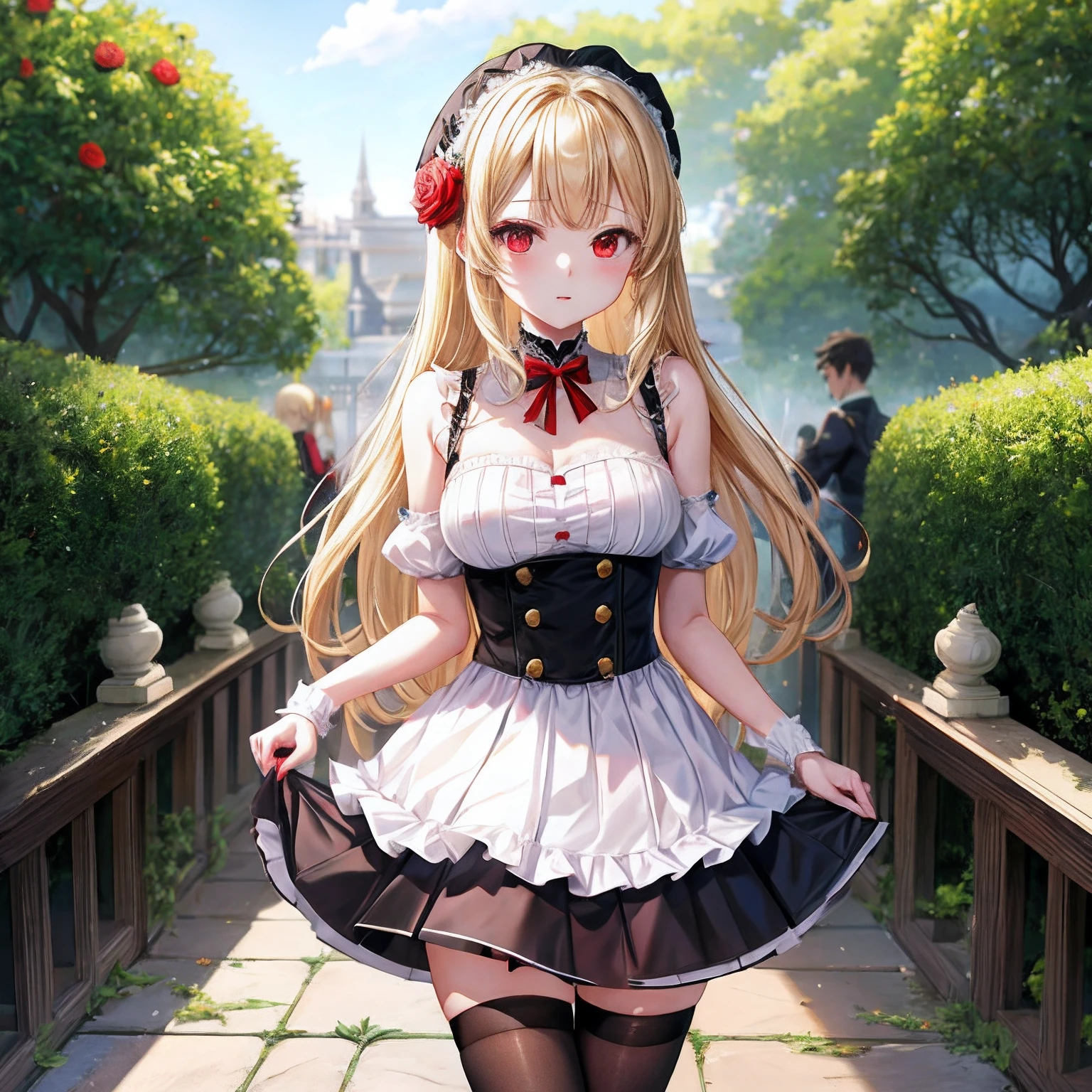 a blond、red eyes、One pretty girl、独奏、animesque、Maids、off shoulders、a miniskirt、Black tights、rose garden