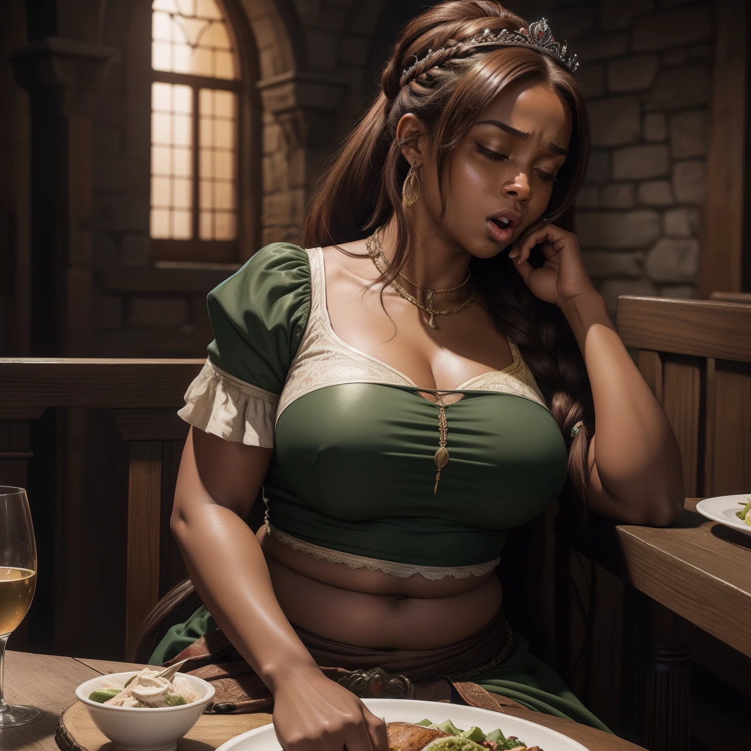 highly detailed hdr photo, beautiful, slim thick, gassy, bloated, african american, black, {{{dark skin}}}, human adult princess fiona burping belching while sitting in chair at dinner table in medieval castle, warm dynamic lighting, sexy slutty medieval adult princess style green dress, slutty loincloth, one single long thin adult braided ponytail, reddish brown hair, tiara, light freckles on cheeks, realistic dark moody dramatic high detailed art style, wide open mouth, perfect gorgeous face, struggle face, full body, eyes closed, pudgy bloated tummy innie belly button l midriff, intense yelling burping hard