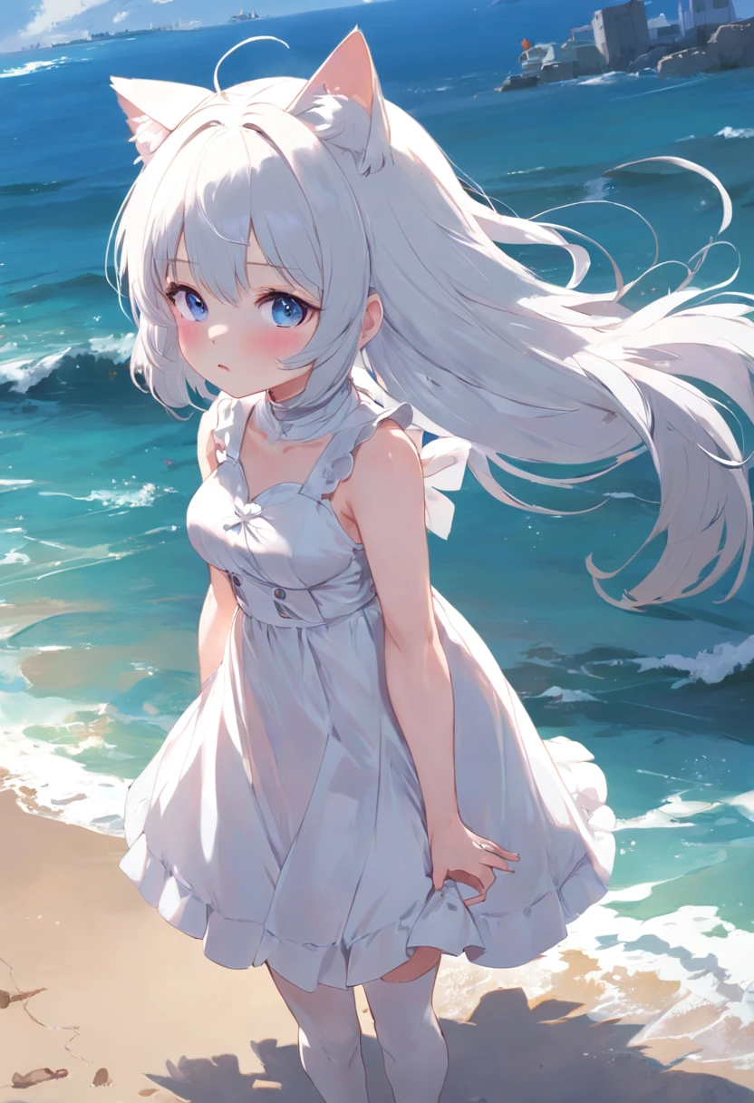 4k,8k,(masterpiece), (best quality), (super detailed), (disheveled hair), (illustration), (cat-eared girl), standing, fashion model, looking at the viewer, (interview), (beautiful beach background of sunset), finely beautiful eyes, delicate beautiful face, floating, (high saturation), (colorful splash), colorful bubble, (shine), focus on face, ponytail, colorful seven colors hair,kamisato ayaka,silver hair,bangs,hair ring,floating flowers,floating hair,(shining),best lighting,best shadow,swimsuit,bikini,small