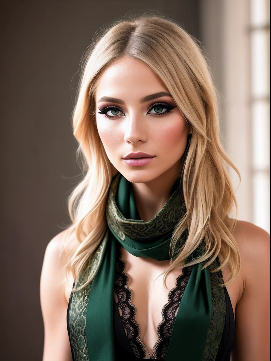 A portrait of a blonde, (makeup:1.4), amazing body, (fit body:1.2), lace outfit, highly detailed fur, natural skin texture, 4k textures, detailed belly, Highly detailed perfect smooth skin, Lightroom, Intricate, Ultra-Realistic, Out There, (HDR:1.3), UHD, (Intricate Detail, Hyper-Detailed:1.1), Cinematic, Photoreal, (Dark Shot:1.2), Dramatic, High Contrast, (Warm Color:1.1) , muted colors, master piece, elegant, sharp focus, green gucci scarf, nicole anniston