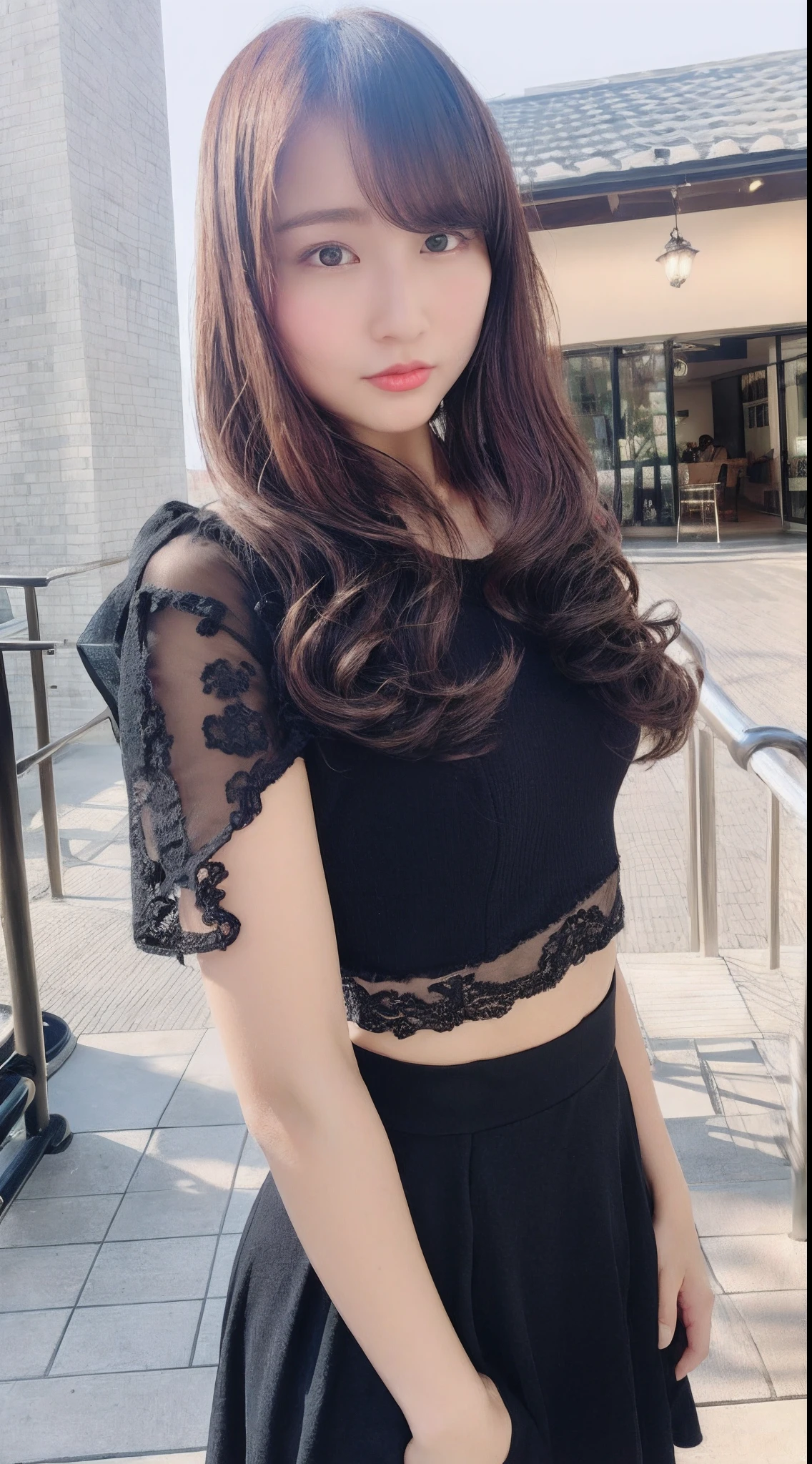 ((Best quality, 8k, Masterpiece :1.3)), Sharp focus :1.2, Perfect Body Beauty:1.4, Slim Abs:1.2, ((Layered hairstyle, shyness:1.2)), (Street:1.2), Highly detailed face and skin texture, Fine eyes, Double eyelids, (Lace skirt: 1.3),