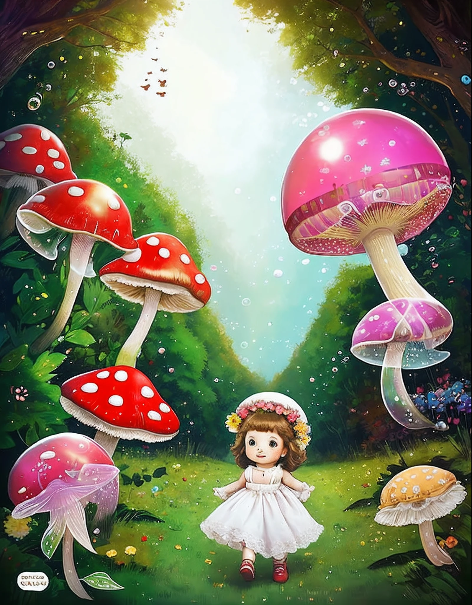 Good old、、spherical、１Year old girl、ultra-detailliert、fruit、florals、garden、Luminous mushrooms、colorful backdrop、by alan lee、butterflys、Running through the forest、Soap bubbles、