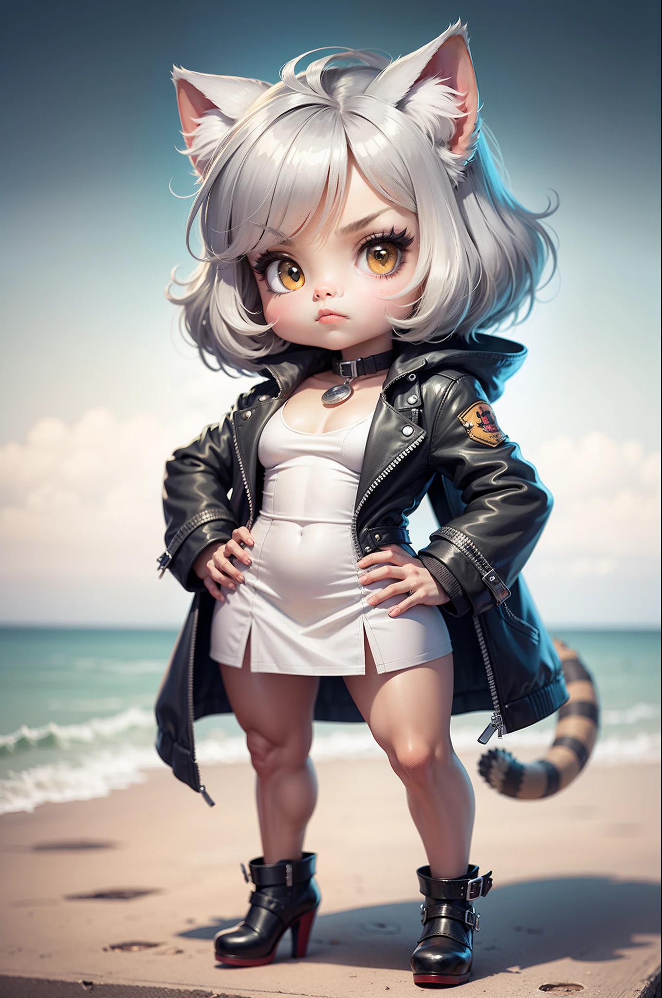 C4tt4stic, Cartoon cute silver tabby in feminine dress,small tits,High heels,Cat muscles,Buriko style,