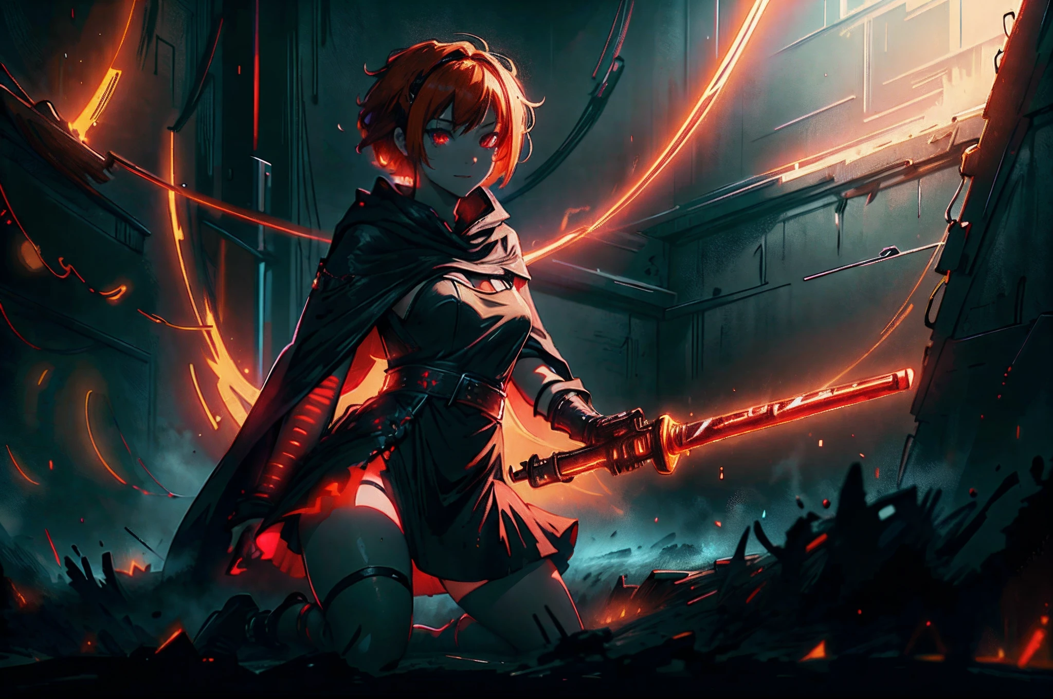 Aberrant colours, best quality, cinematic lighting, highest resolution, 8k, young woman, 1 girl, solo, red eyes, short hair, orange hair, maid_dress, wearing black cloak with glowing runes, smile, nimble figure, cute pose, wielding lightsaber, destroyed inner room as background