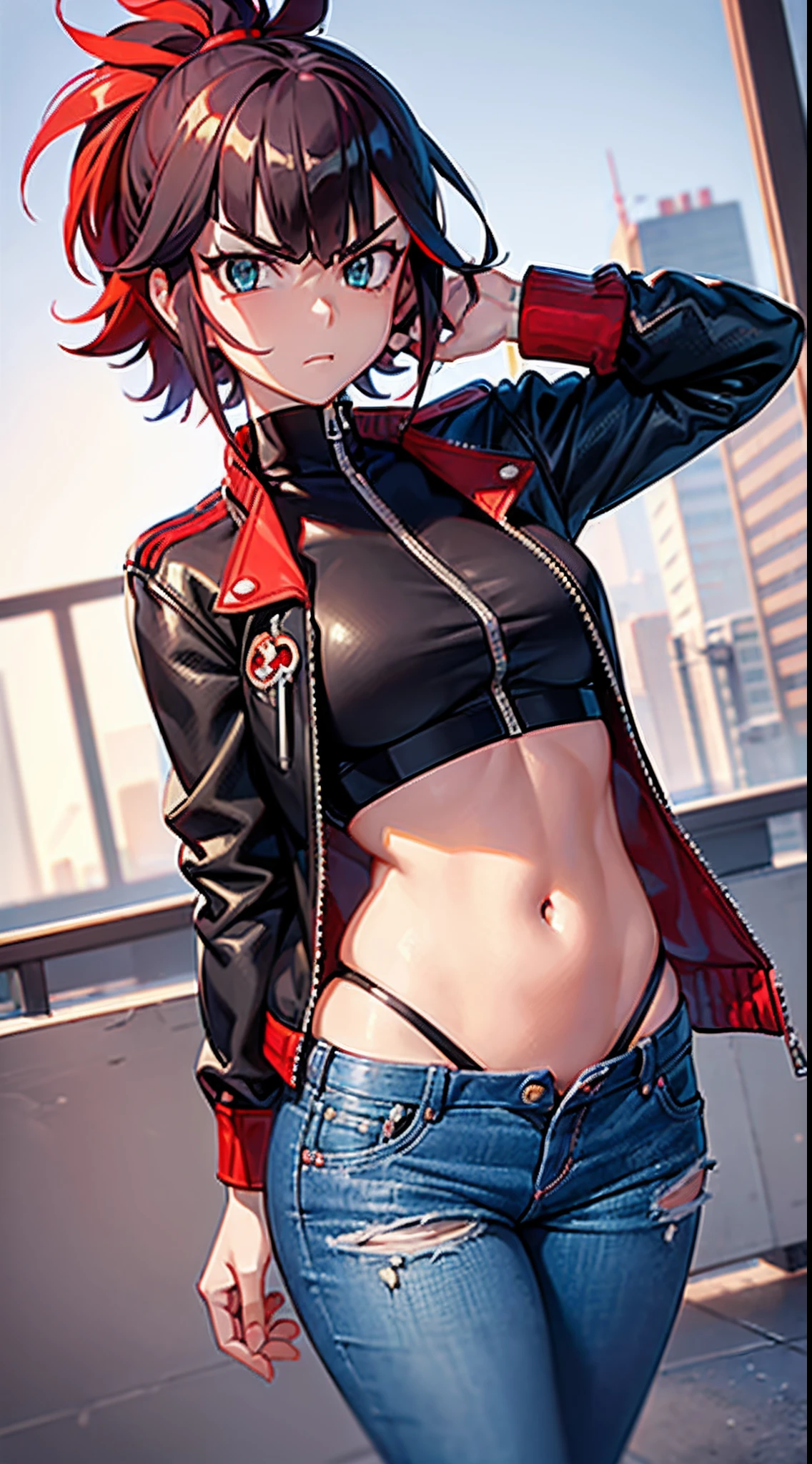 (masterpiece), best quality, 1girl, (style of trigger studio), (kill la kill, cyberpunk: edgerunners, and little wich academia style), red hair, green eyes, short hair, zip top, jacket, jeans
