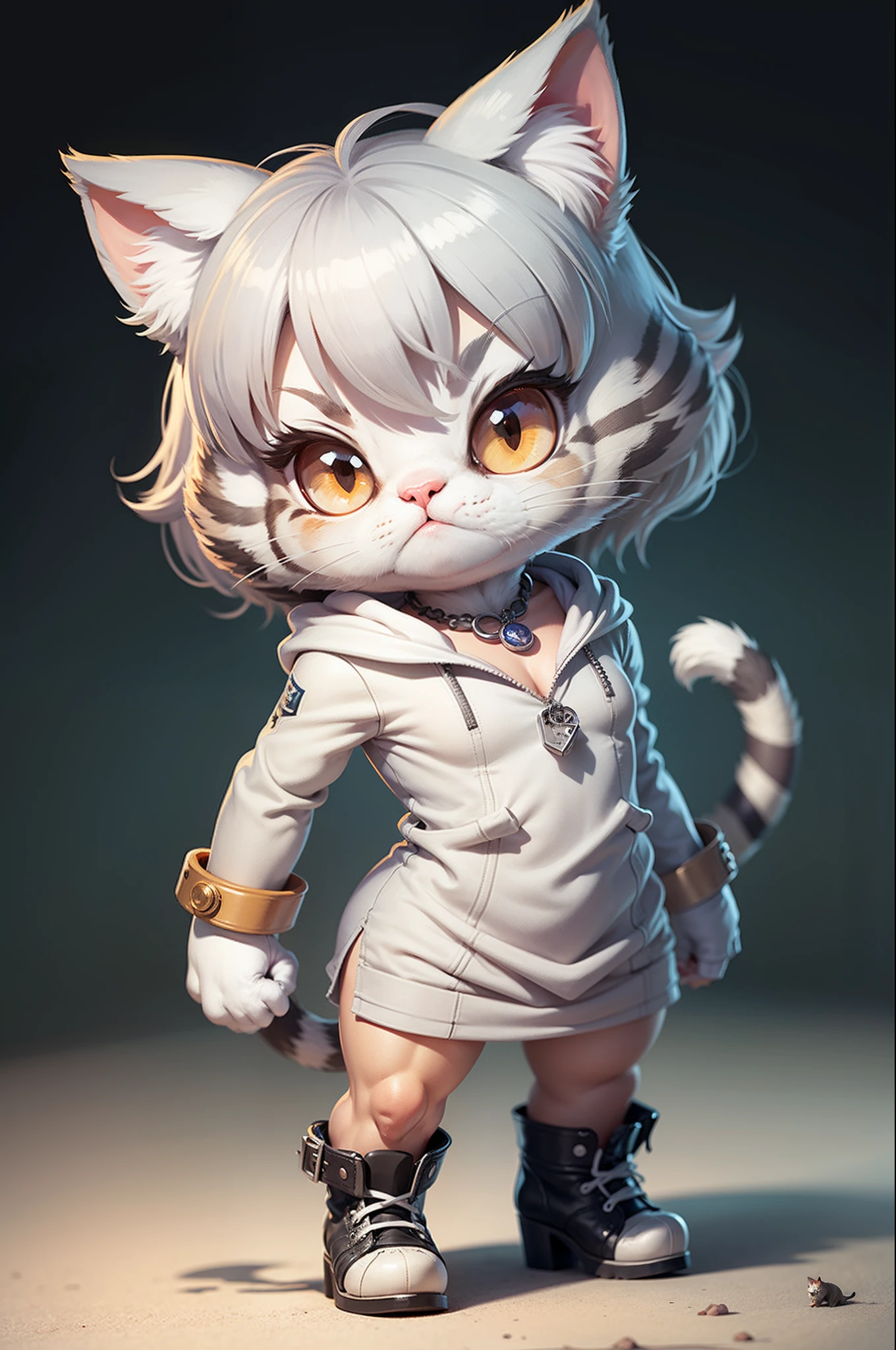 C4tt4stic, Cartoon cute silver tabby in feminine dress,small tits,High heels,Cat muscles,Buriko style,