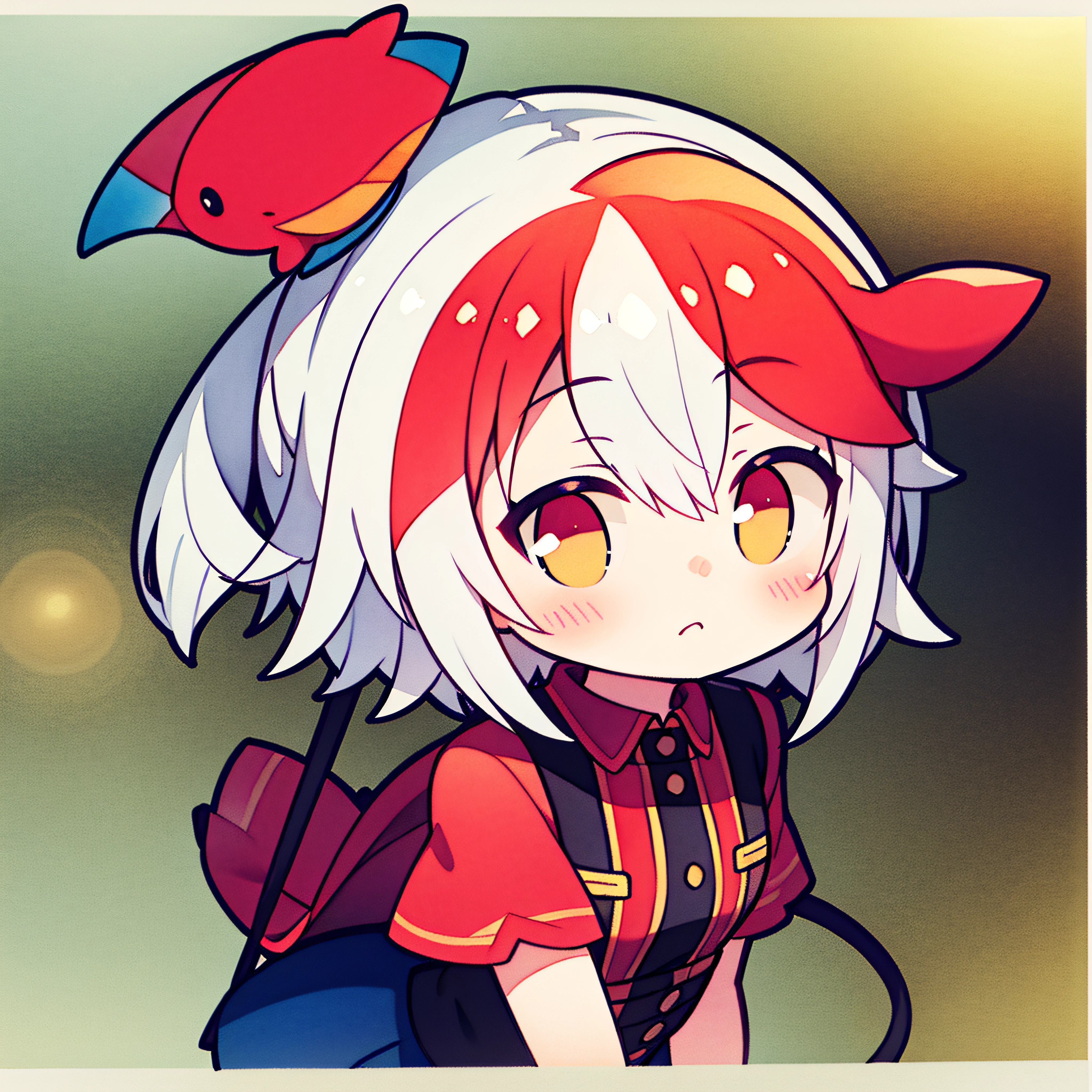 fish on the head, solo, 1 girl, looking at viewer, upright, concept art, white background, simple background, white hair, red gradient hair, short sleeves, watercolor pencil, expressionless, blush, virtual youtuber