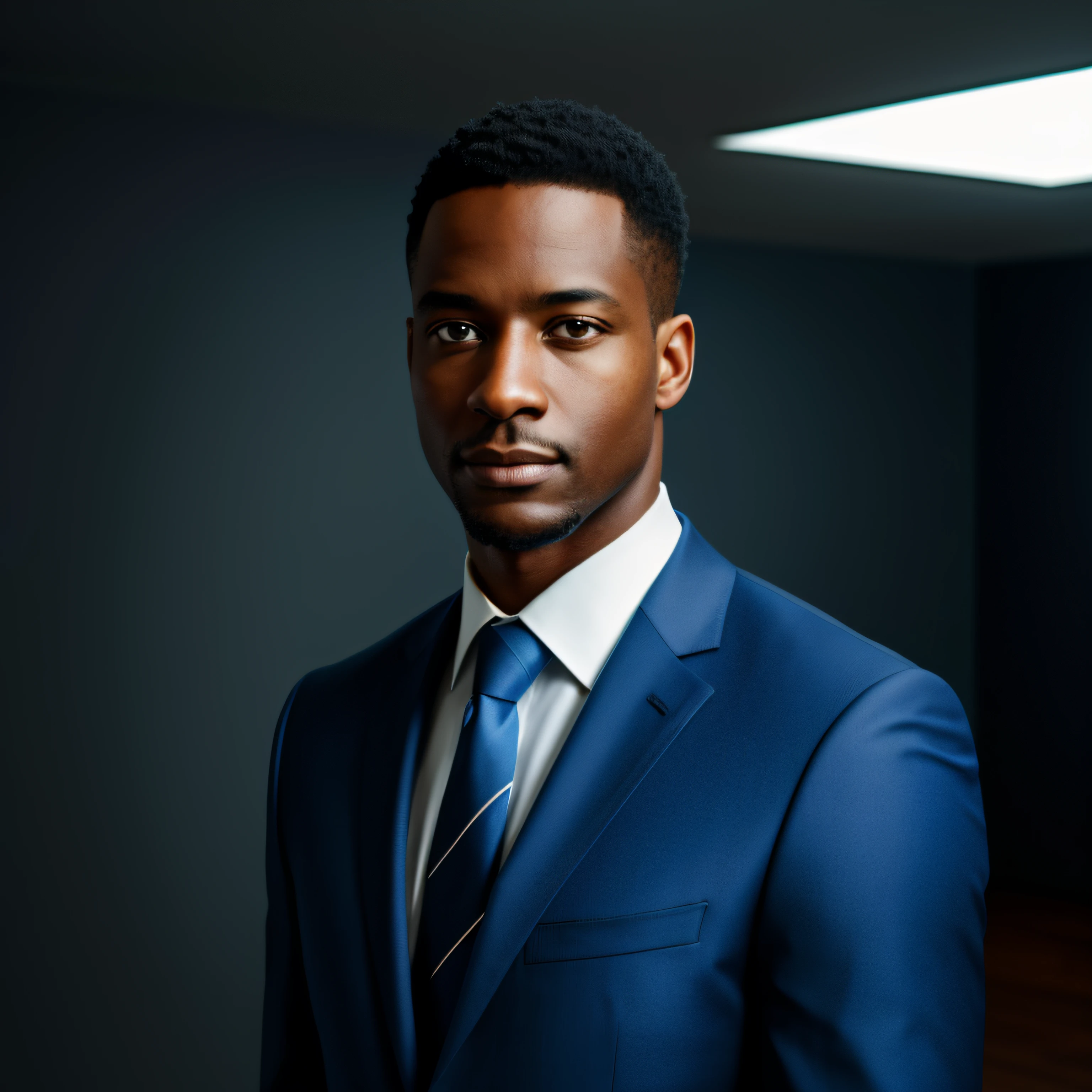 professional portrait of a black Man standing with 30 years in blue suit and tie, body and head straight in the photo, facing the viewer of the photo, eyes fixed to the lens, appears shoulders and head in the photo, man centered in the photo, 8k, best quality, masterpiece, realistic, realistic photo, movie photo, ultra realistic, 1 person, detailed, perfect lighting, DSRL, professional photo