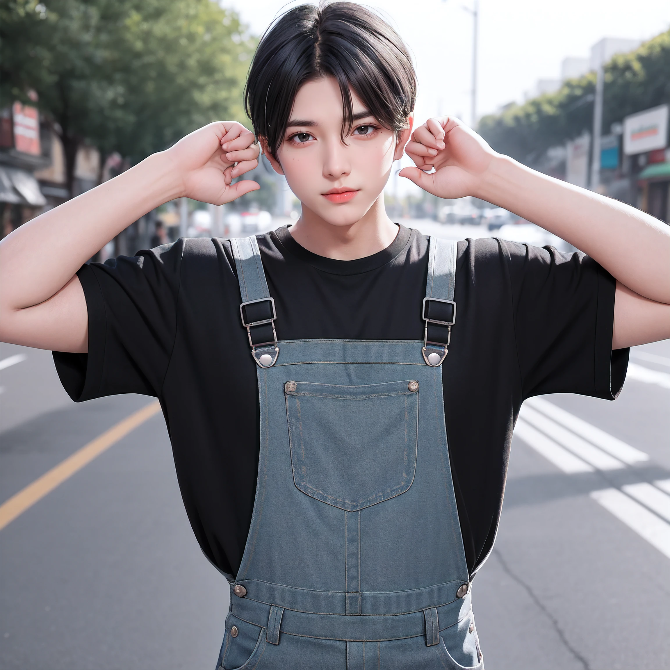 india,middle par hair style, gray hair, overalls   black long-sleeved T-shirt, young handsome man  35mm,